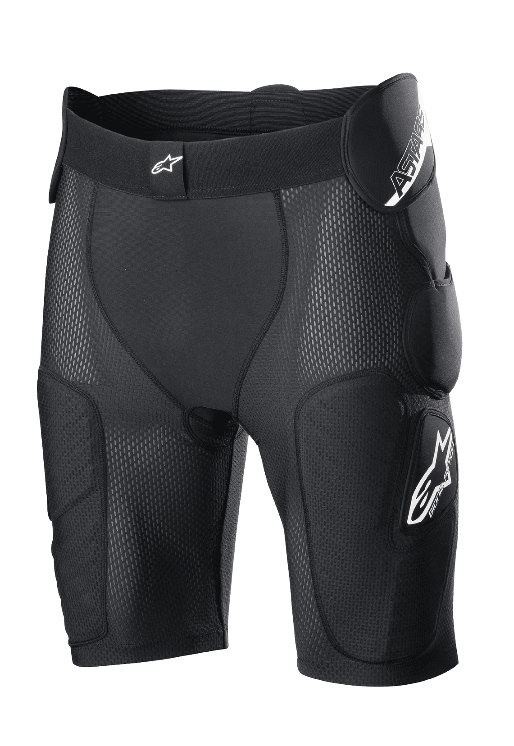 Alpinestars Bionic Action Protection Shorts, nero, con imbottitura integrata su fianchi e cosce, struttura in rete traspirante, fascia elastica in vita con logo bianco, equipaggiamento protettivo per motocross e fuoristrada