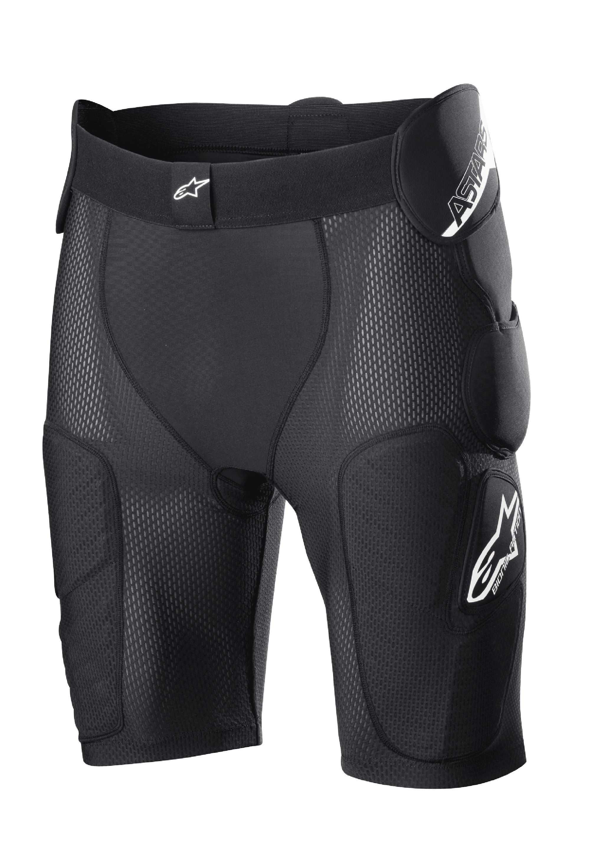 Alpinestars Bionic Action Protection Shorts, nero, con imbottitura integrata su fianchi e cosce, struttura in rete traspirante, fascia elastica in vita con logo bianco, equipaggiamento protettivo per motocross e fuoristrada