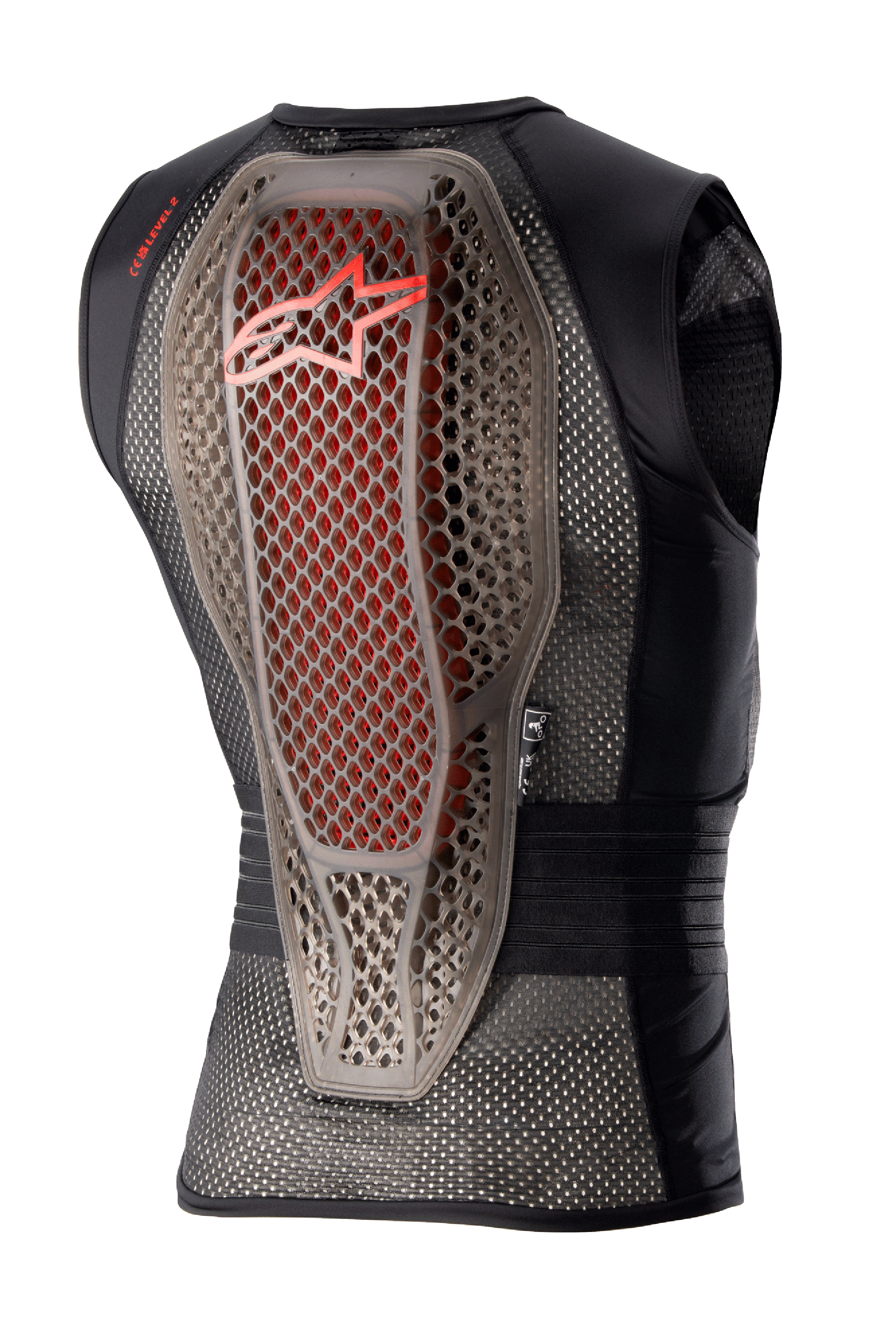 Gilet protettivo Alpinestars Nucleon Flex Pro, protezione corpo da moto, fumo trasparente rosso nero, vista posteriore che mostra il paraschiena con struttura Cell ibrida e accenti rossi, telaio in rete nera ventilata e design ergonomico di sicurezza