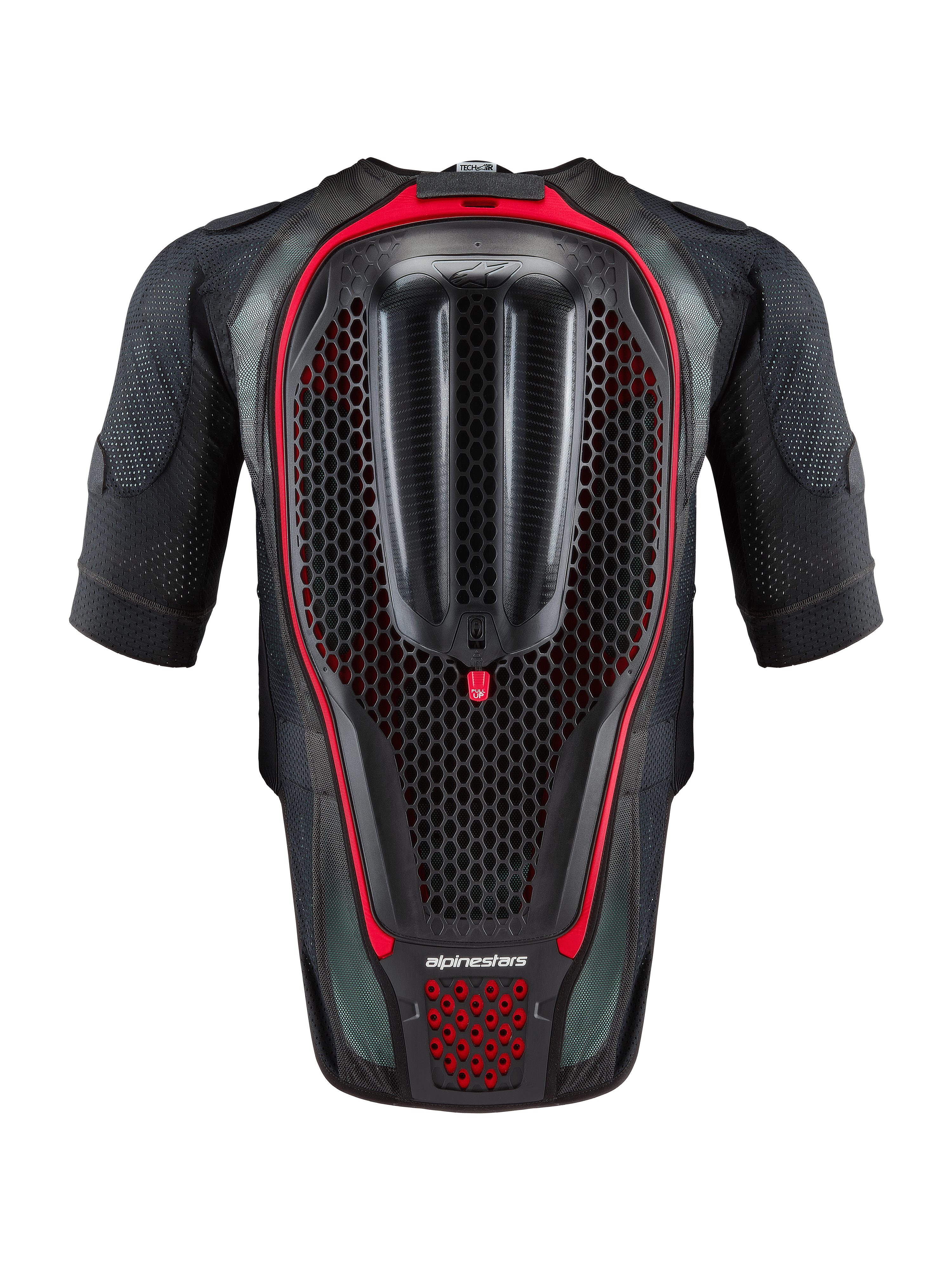 Alpinestars Tech-Air® 7X System, gilet airbag da moto autonomo, nero e rosso, vista posteriore con paraschiena integrato a nido d'ape e costruzione in mesh ventilata per la guida su pista e su strada.