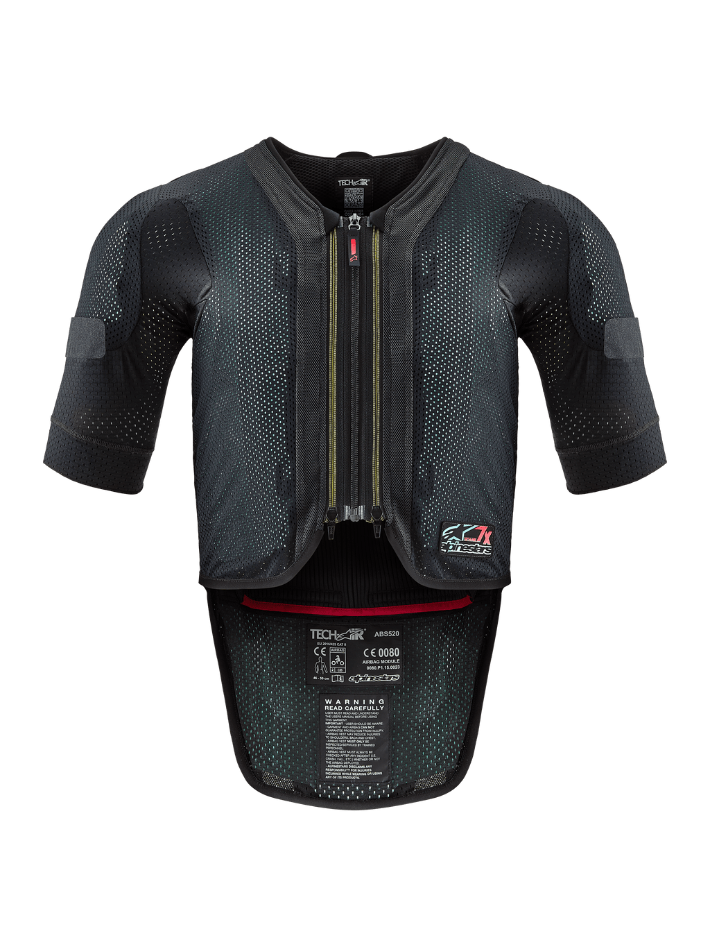 Alpinestars Tech-Air® 7X System, gilet airbag da moto, nero e rosso, vista frontale con telaio in mesh ventilata, cerniera centrale con cursore rosso ed etichette di certificazione interne, protezione ad alte prestazioni per la guida in pista e su strada