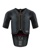 Alpinestars Tech-Air® 7X System, gilet airbag da moto, nero e rosso, vista frontale con telaio in mesh ventilata, cerniera centrale con cursore rosso ed etichette di certificazione interne, protezione ad alte prestazioni per la guida in pista e su strada