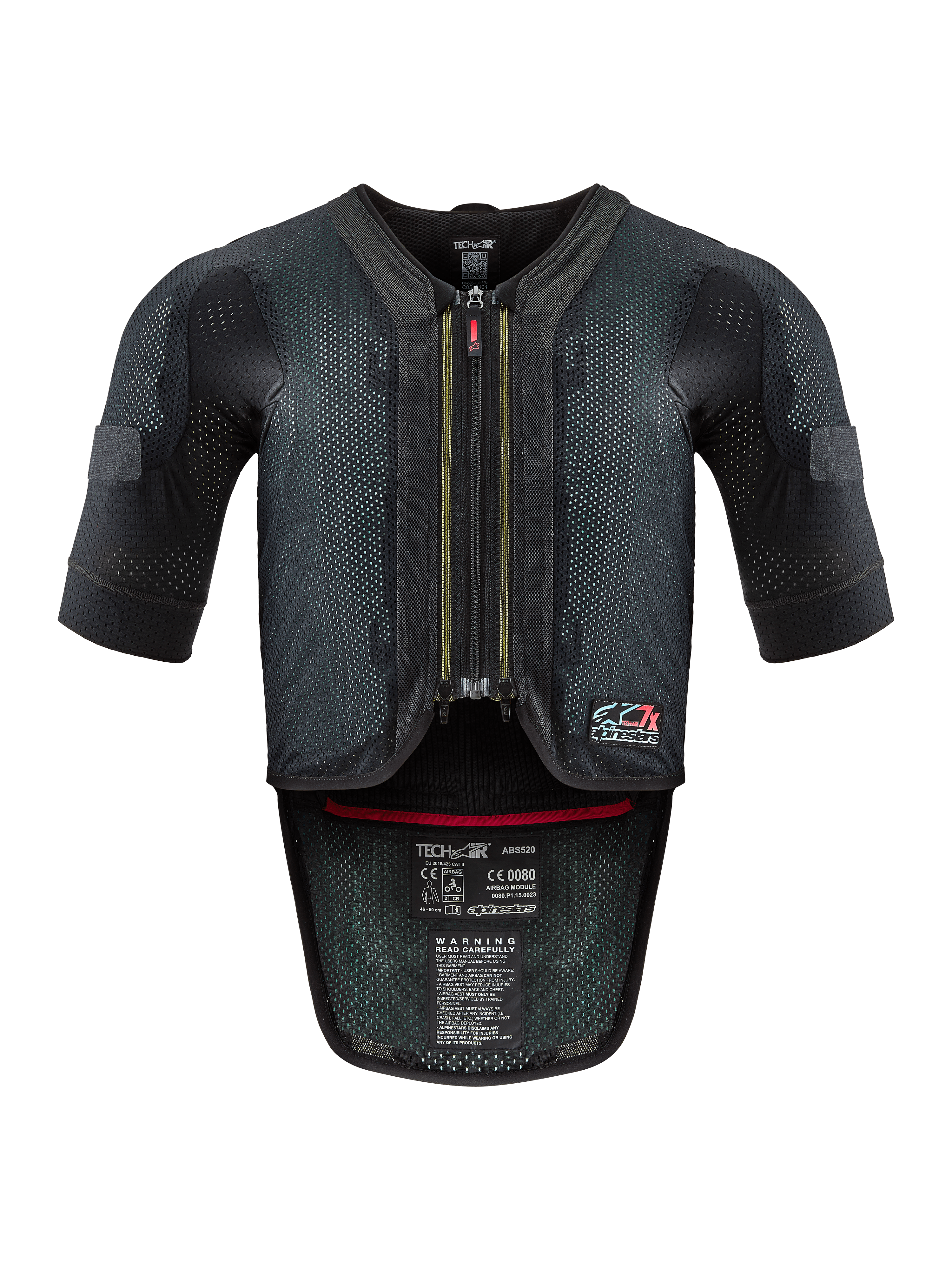 Alpinestars Tech-Air® 7X System, gilet airbag da moto, nero e rosso, vista frontale con telaio in mesh ventilata, cerniera centrale con cursore rosso ed etichette di certificazione interne, protezione ad alte prestazioni per la guida in pista e su strada