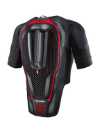 Sistema Alpinestars Tech-Air® 7X, gilet airbag da moto, vista posteriore con paraschiena integrato a trama a nido d'ape, tessuto mesh nero con dettagli rossi, protezione ergonomica per corse su strada e uso in pista
