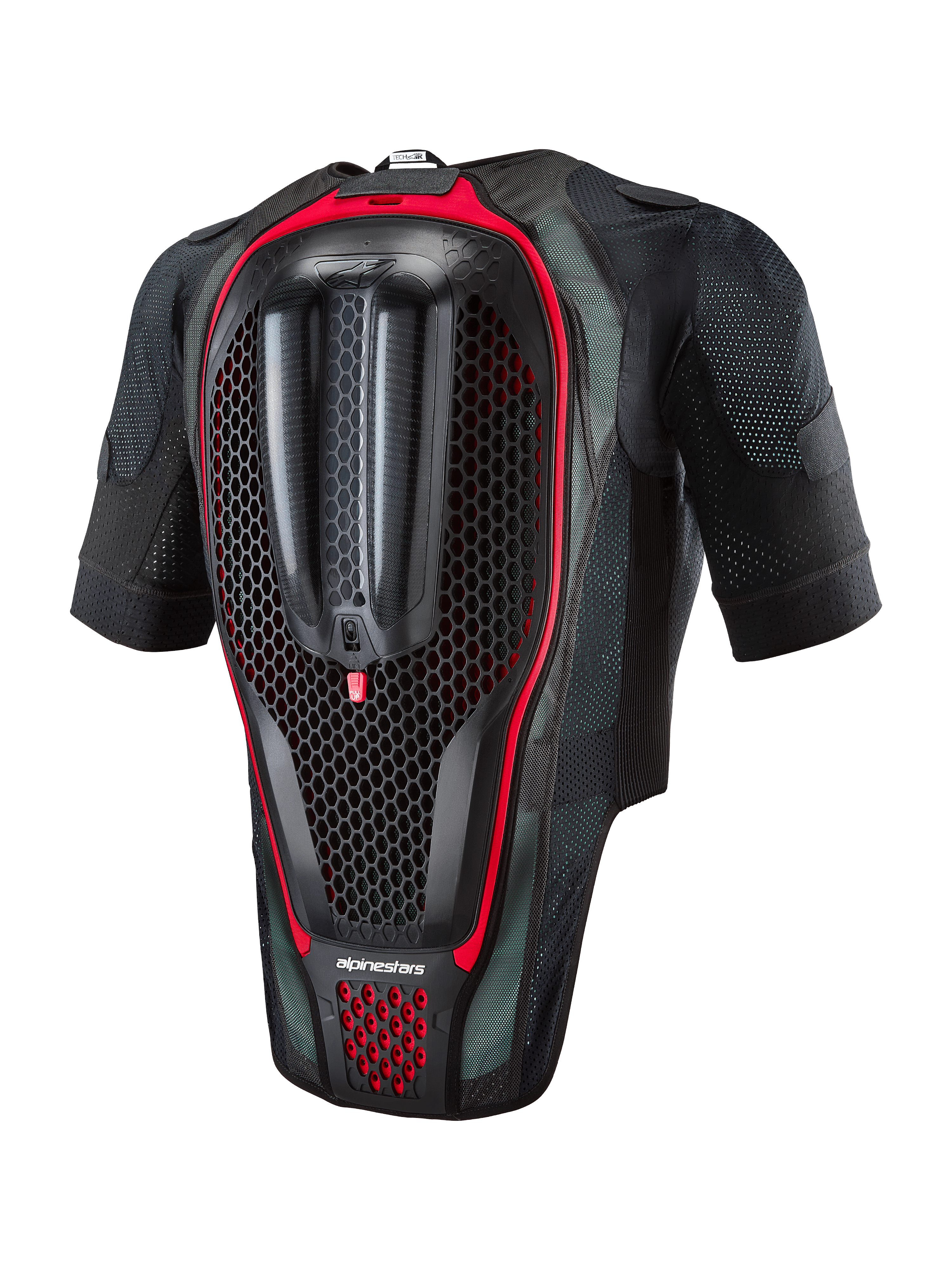 Sistema Alpinestars Tech-Air® 7X, gilet airbag da moto, vista posteriore con paraschiena integrato a trama a nido d'ape, tessuto mesh nero con dettagli rossi, protezione ergonomica per corse su strada e uso in pista