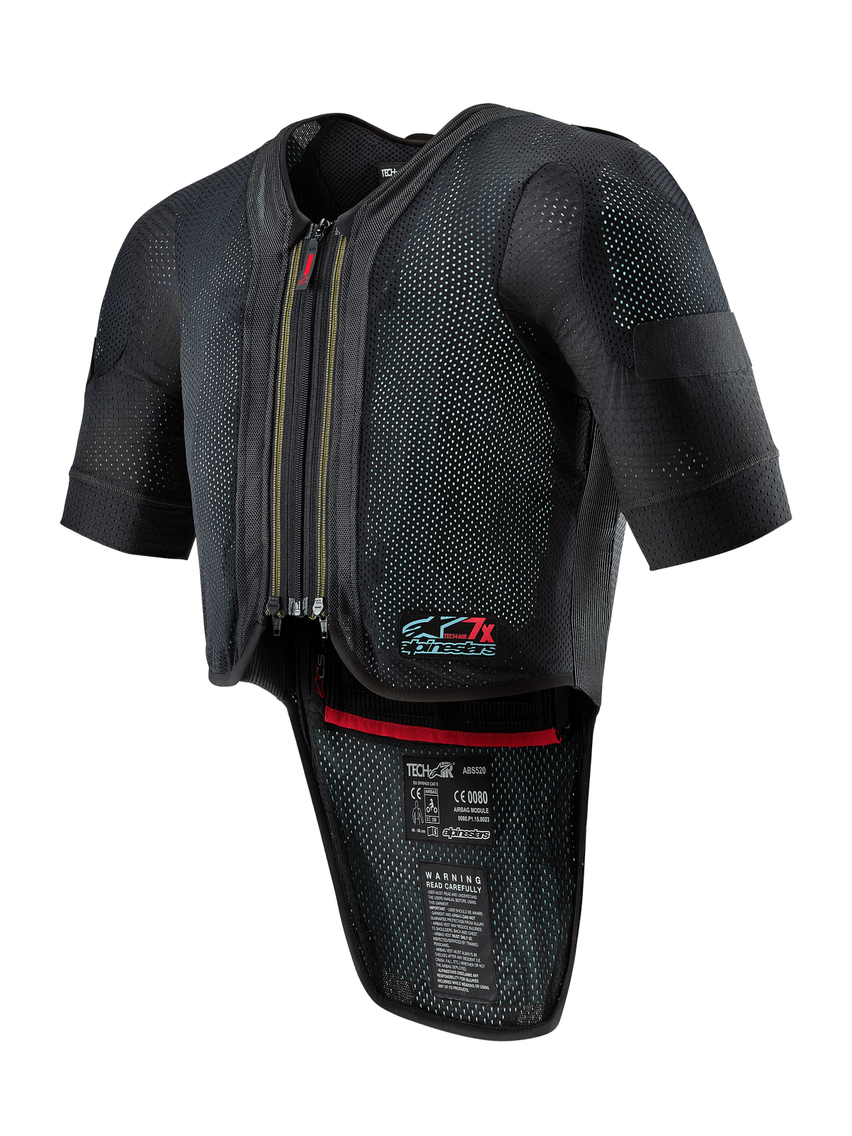 Alpinestars Tech-Air 7X System, gilet airbag da moto, nero, con chiusura frontale a zip, telaio in mesh ventilato con texture puntinata, maniche corte, protezione dorsale estesa, finiture interne rosse e logo Tech-Air 7X sul petto, progettato per corse su strada e prestazioni in pista