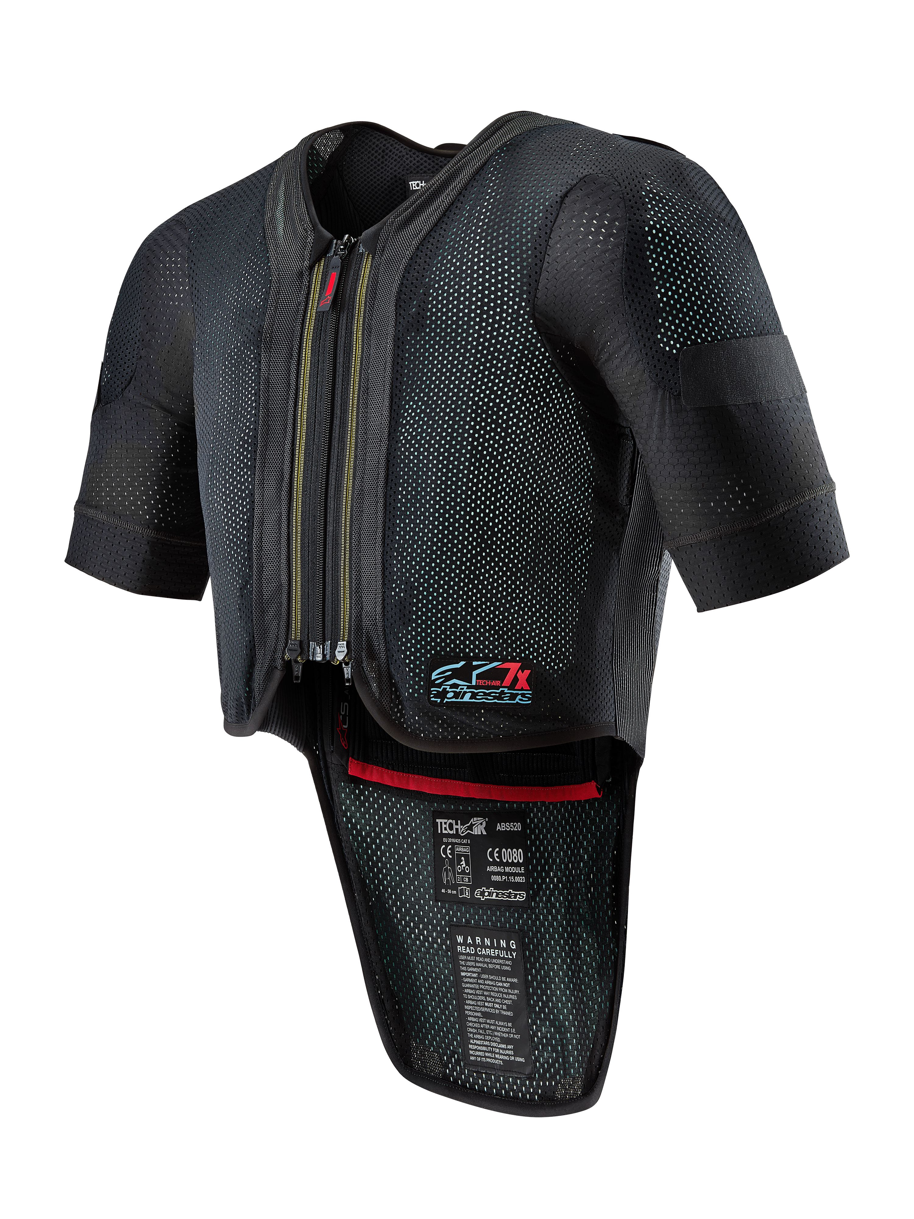 Alpinestars Tech-Air 7X System, gilet airbag da moto, nero, con chiusura frontale a zip, telaio in mesh ventilato con texture puntinata, maniche corte, protezione dorsale estesa, finiture interne rosse e logo Tech-Air 7X sul petto, progettato per corse su strada e prestazioni in pista