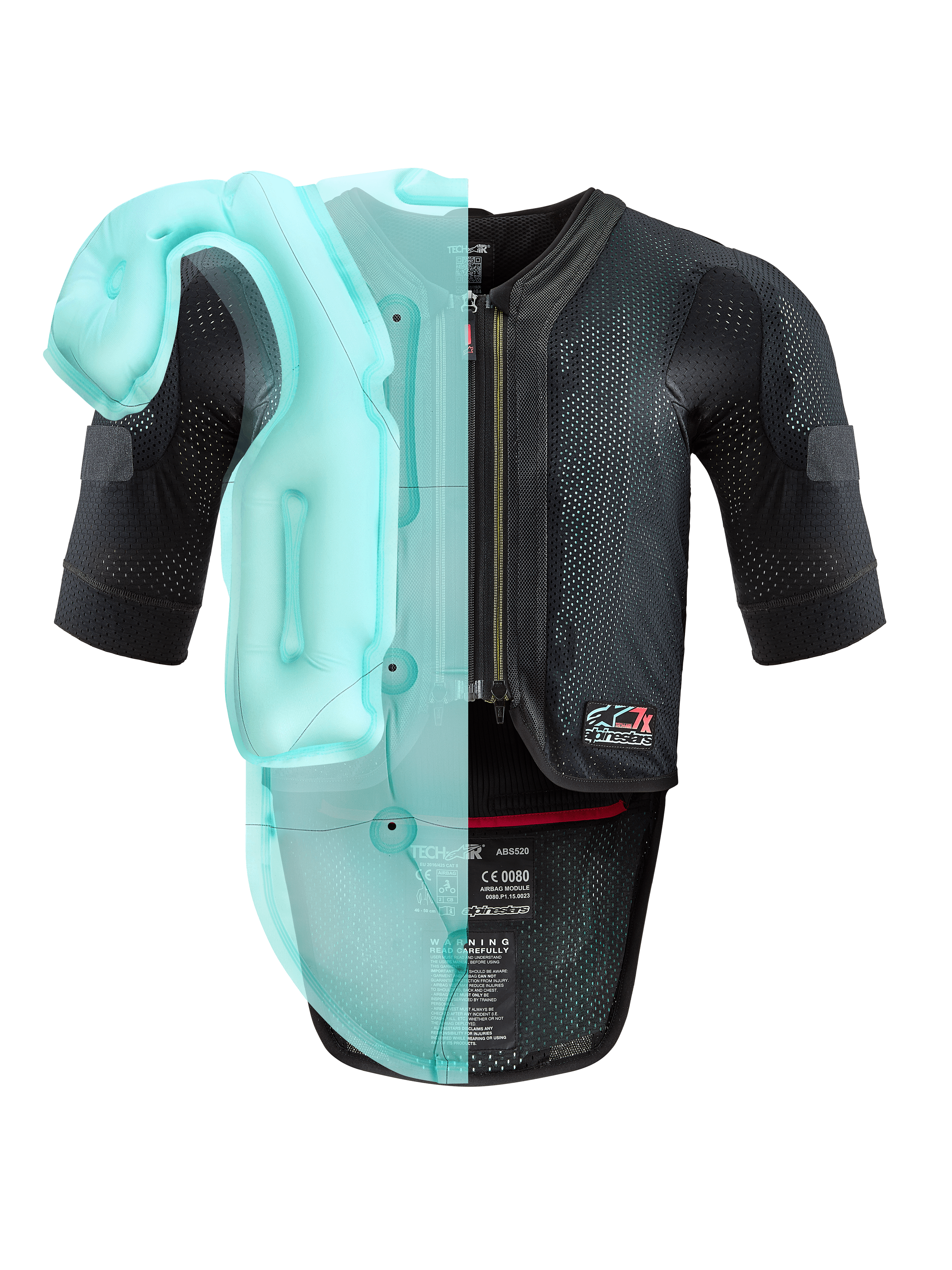Alpinestars Tech-Air® 7X System, gilet airbag da moto autonomo, struttura in mesh nero con visualizzazione traslucida azzurra della camera d'aria interna dell'airbag, abbigliamento protettivo tecnico a maniche corte con para schiena integrato