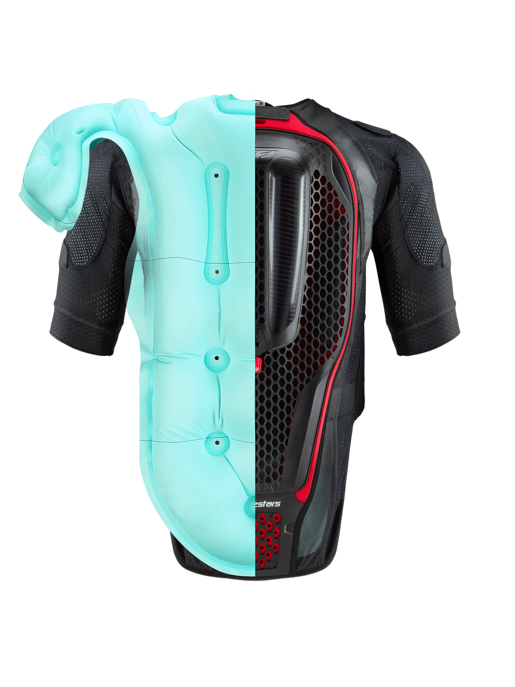 Alpinestars Tech-Air® 7X System, gilet airbag da moto, nero e rosso, vista posteriore con visuale divisa tra la sacca airbag gonfiata azzurro chiaro e il paraschiena interno a nido d'ape, protezione ad alte prestazioni per pista e strada