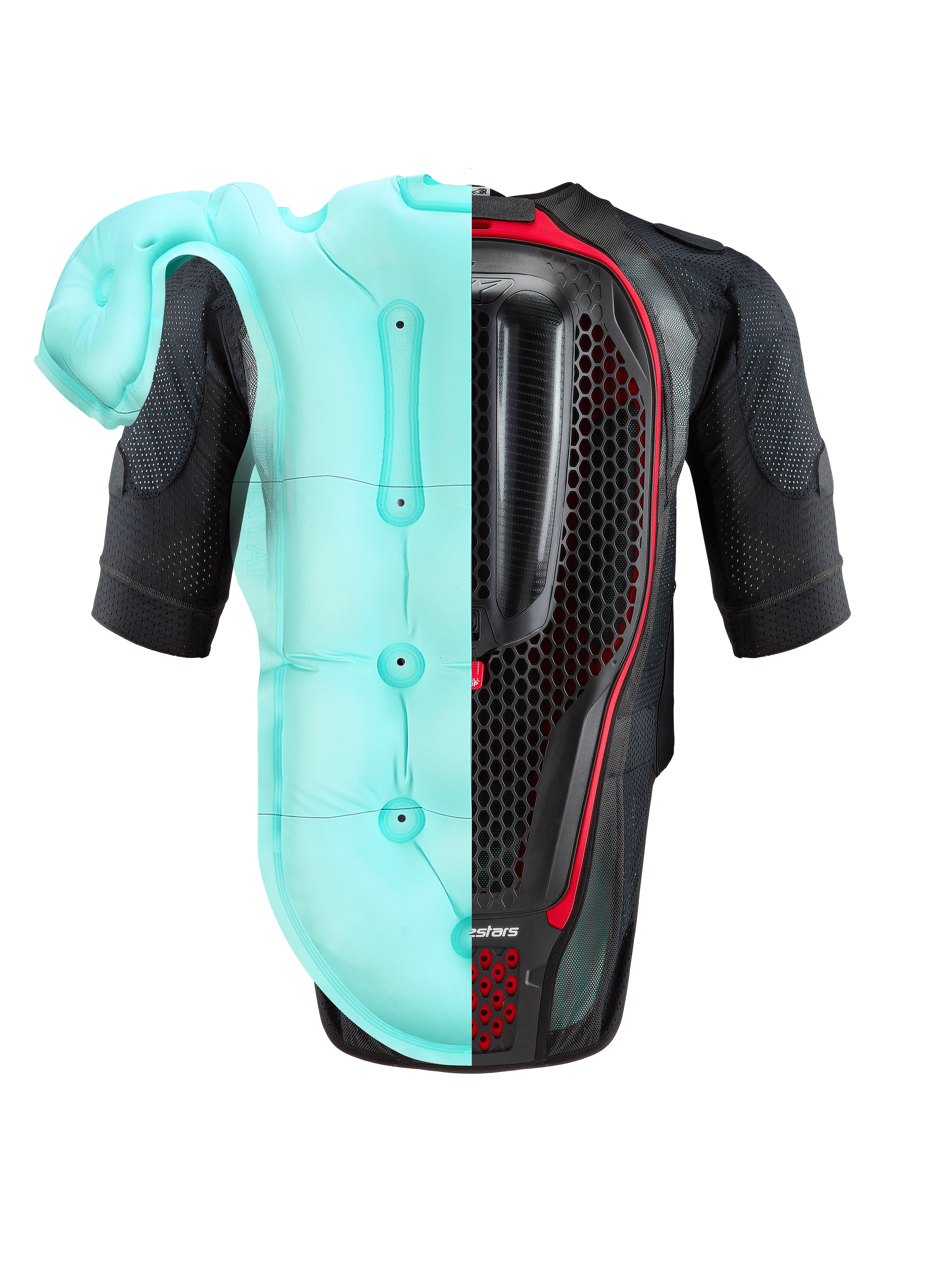 Alpinestars Tech-Air® 7X System, gilet airbag da moto, nero e rosso, vista posteriore con visuale divisa tra la sacca airbag gonfiata azzurro chiaro e il paraschiena interno a nido d'ape, protezione ad alte prestazioni per pista e strada