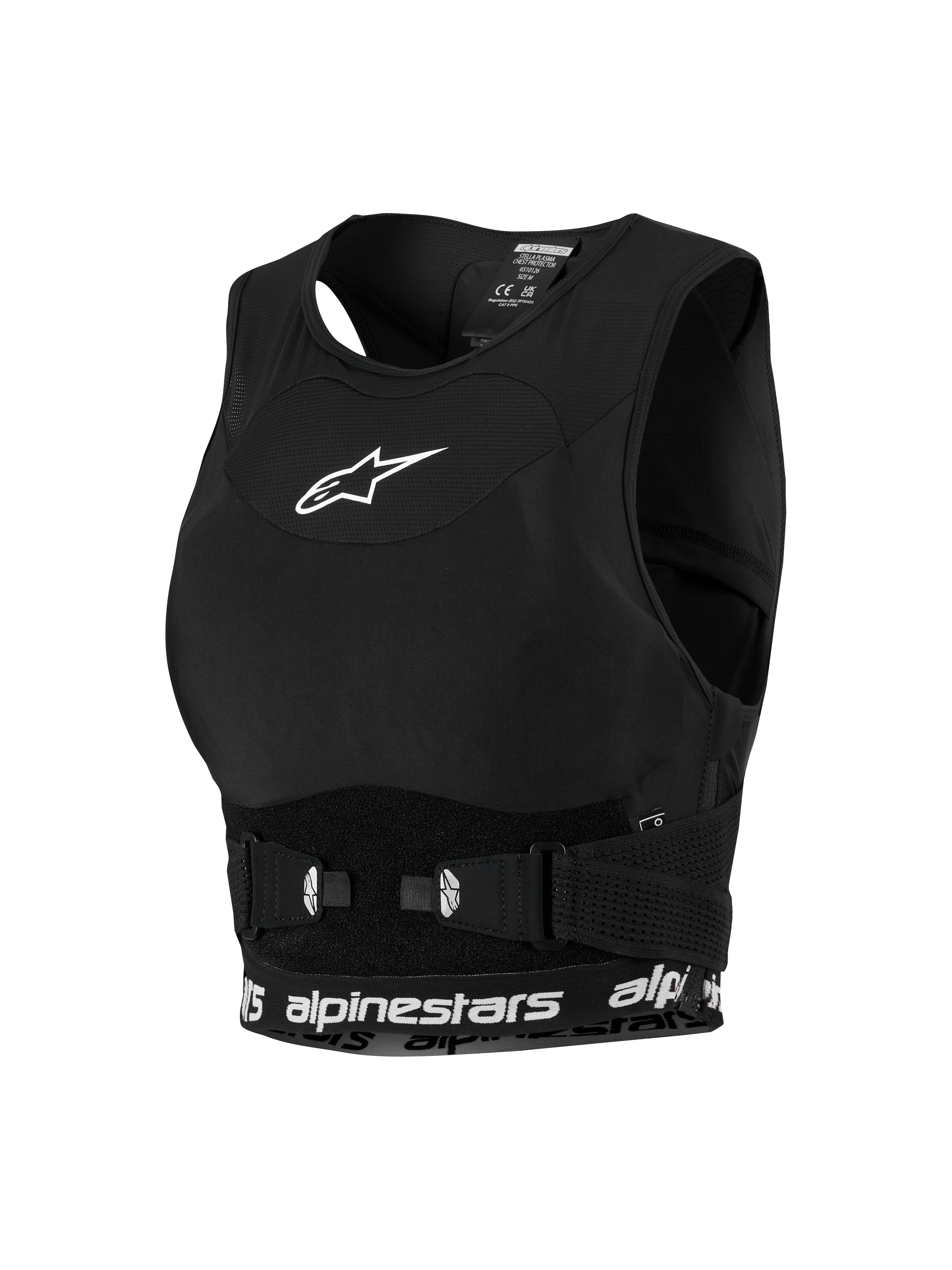 Alpinestars Stella Plasma Chest Protector, protezione torace da donna per motocross, nero con dettagli bianchi, telaio in rete stile reggiseno sportivo, con logo a stella bianco sul petto e fascia inferiore logata, fibbie laterali regolabili per una vestibilità sicura