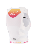 Alpinestars Stella PLASMA Protezione Torace Donna, Light Lilac Fade White, vista posteriore con grafica sfumata gialla e rosa e logo bianco, struttura in rete traspirante bianca e cinghie laterali traforate per protezione fuoristrada.