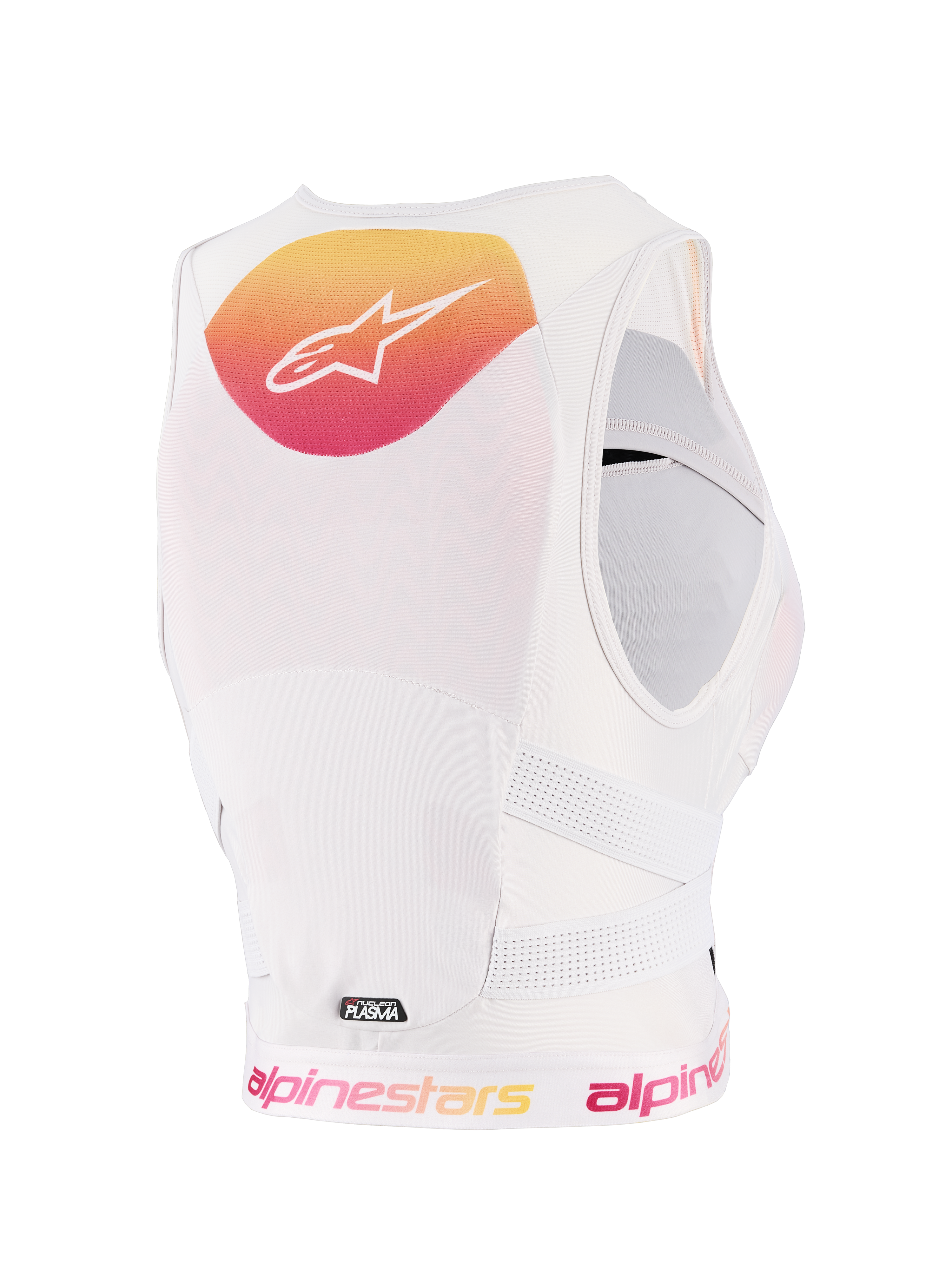 Alpinestars Stella PLASMA Protezione Torace Donna, Light Lilac Fade White, vista posteriore con grafica sfumata gialla e rosa e logo bianco, struttura in rete traspirante bianca e cinghie laterali traforate per protezione fuoristrada.