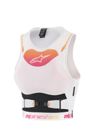 Alpinestars Stella Plasma Chest Protector, pettorina protettiva da motocross da donna, bianca con logo sfumato arancione e rosa, struttura in rete traspirante con cinghie V-Belt regolabili, protezione ergonomica off-road