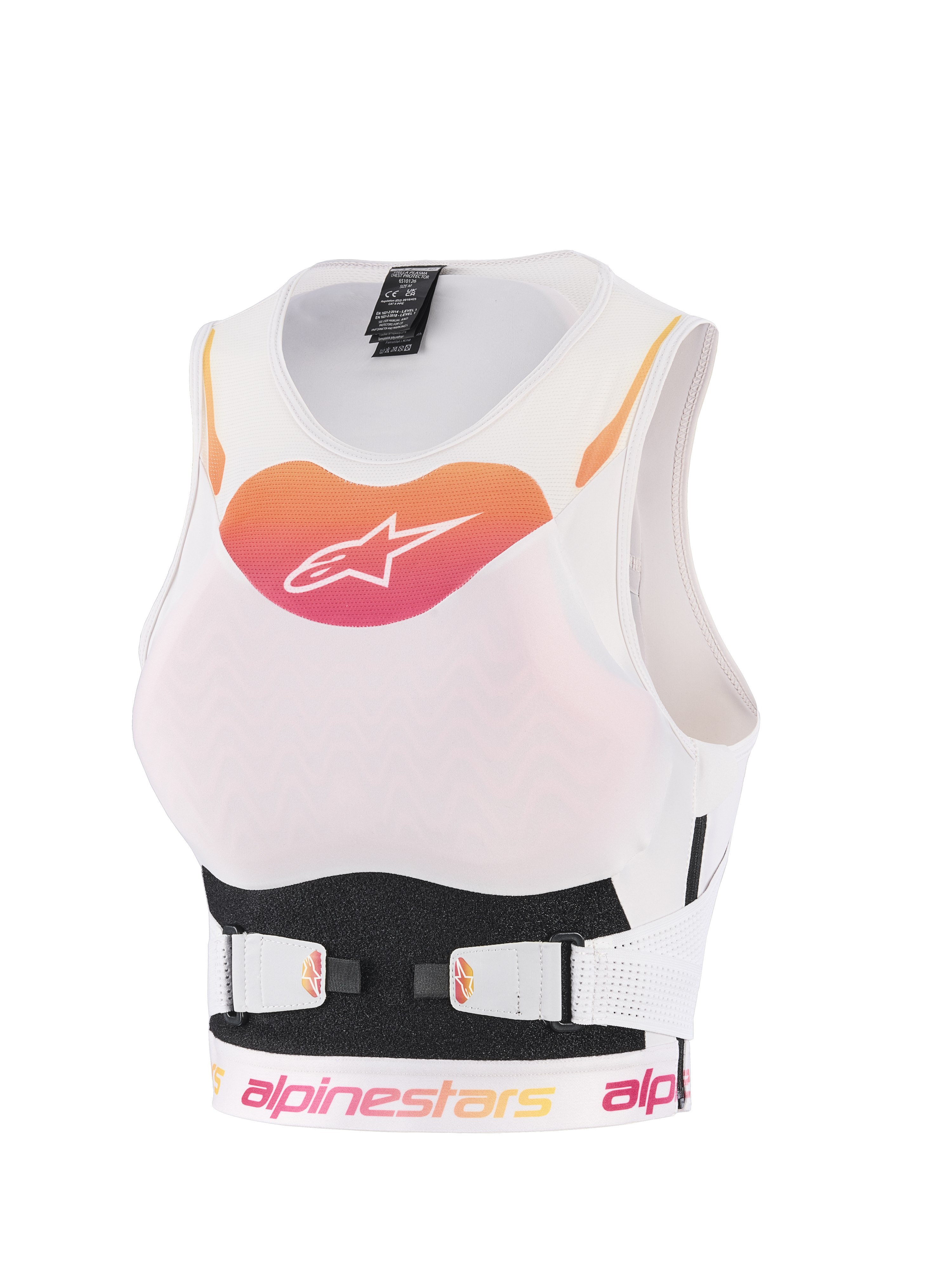 Alpinestars Stella Plasma Chest Protector, pettorina protettiva da motocross da donna, bianca con logo sfumato arancione e rosa, struttura in rete traspirante con cinghie V-Belt regolabili, protezione ergonomica off-road