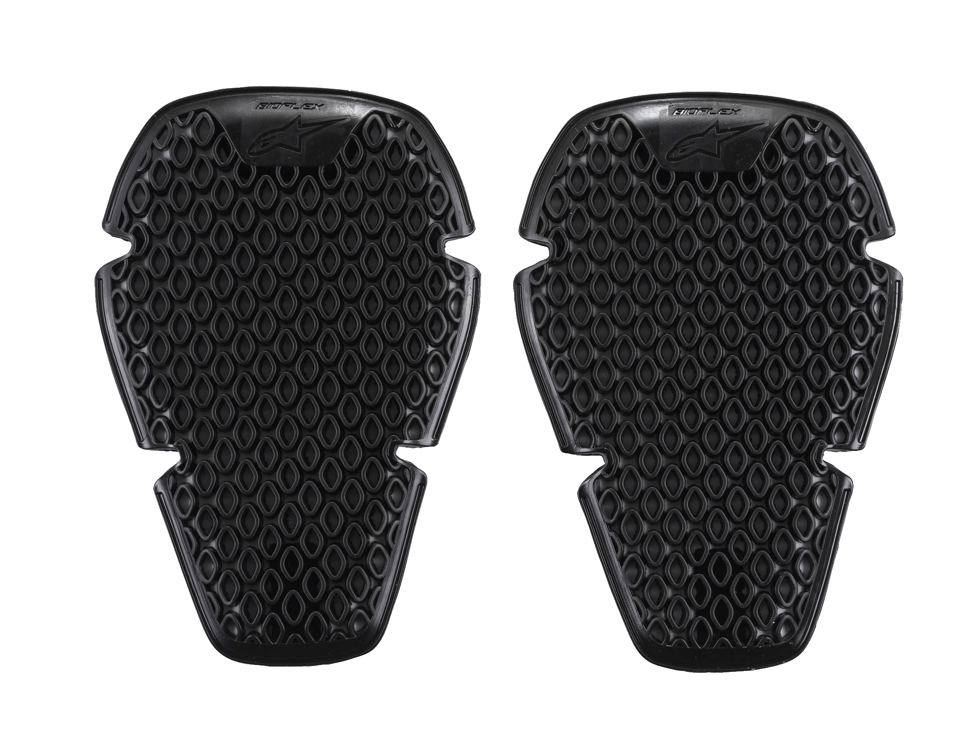 Alpinestars Bioflex Knee Protection, ginocchiere protettive, nere, coppia di inserti sottili con struttura a celle collegate e ventilazione a diamante, design ergonomico leggero per protezione dagli impatti, logo Alpinestars e marchio Bioflex nella parte superiore