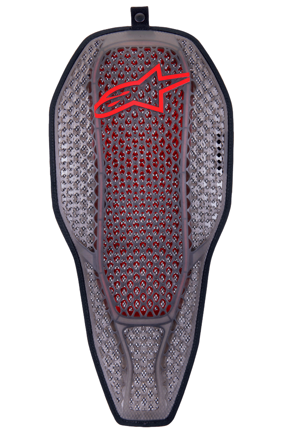 Alpinestars Nucleon Flex Proi Full Back Protector Insert, Transparent Smoke Red, struttura a celle esagonali grigio fumo con nucleo interno rosso, logo Alpinestars rosso in alto, forma ergonomica a scudo allungato, protezione per motociclismo altamente ventilata