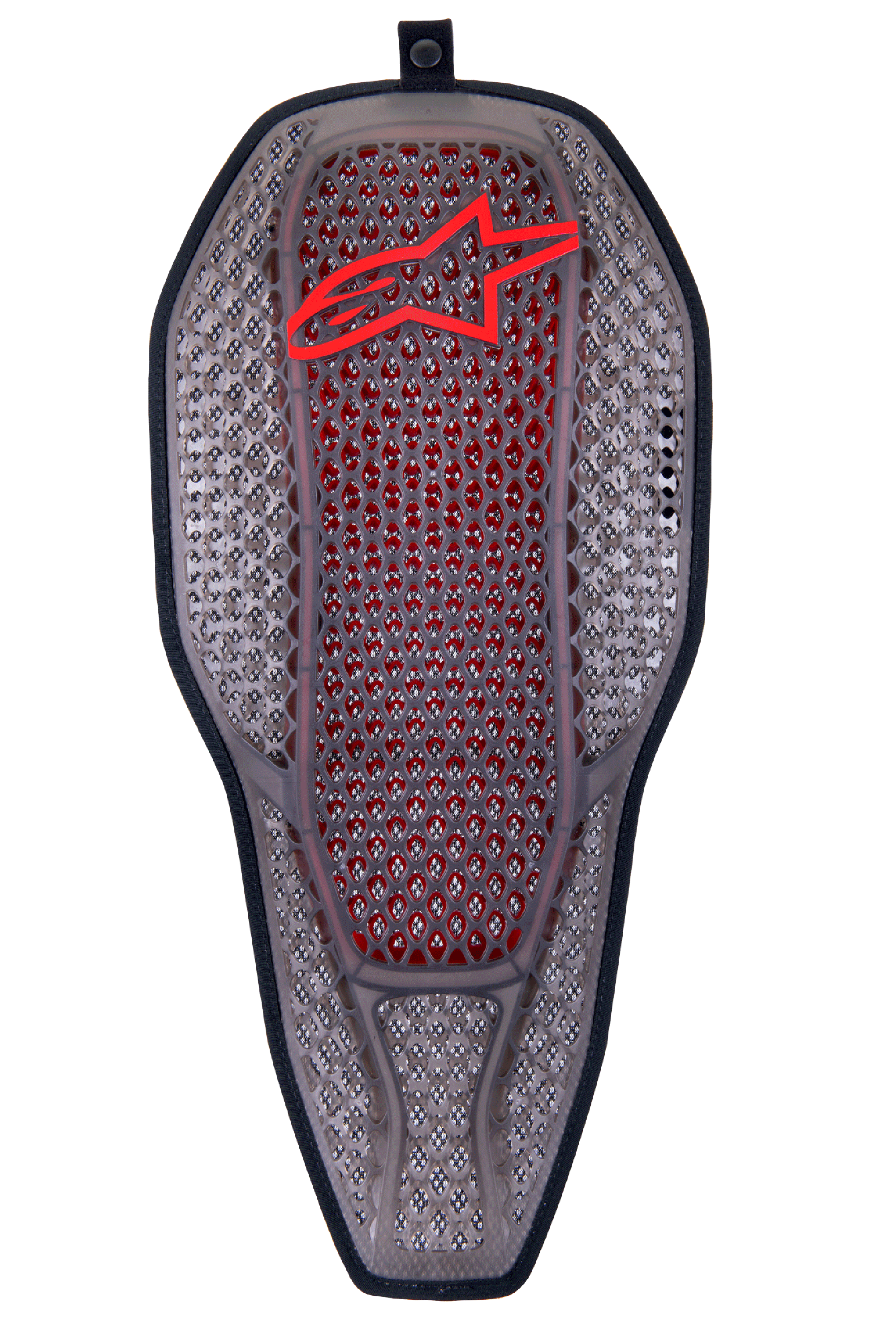 Alpinestars Nucleon Flex Proi Full Back Protector Insert, Transparent Smoke Red, struttura a celle esagonali grigio fumo con nucleo interno rosso, logo Alpinestars rosso in alto, forma ergonomica a scudo allungato, protezione per motociclismo altamente ventilata