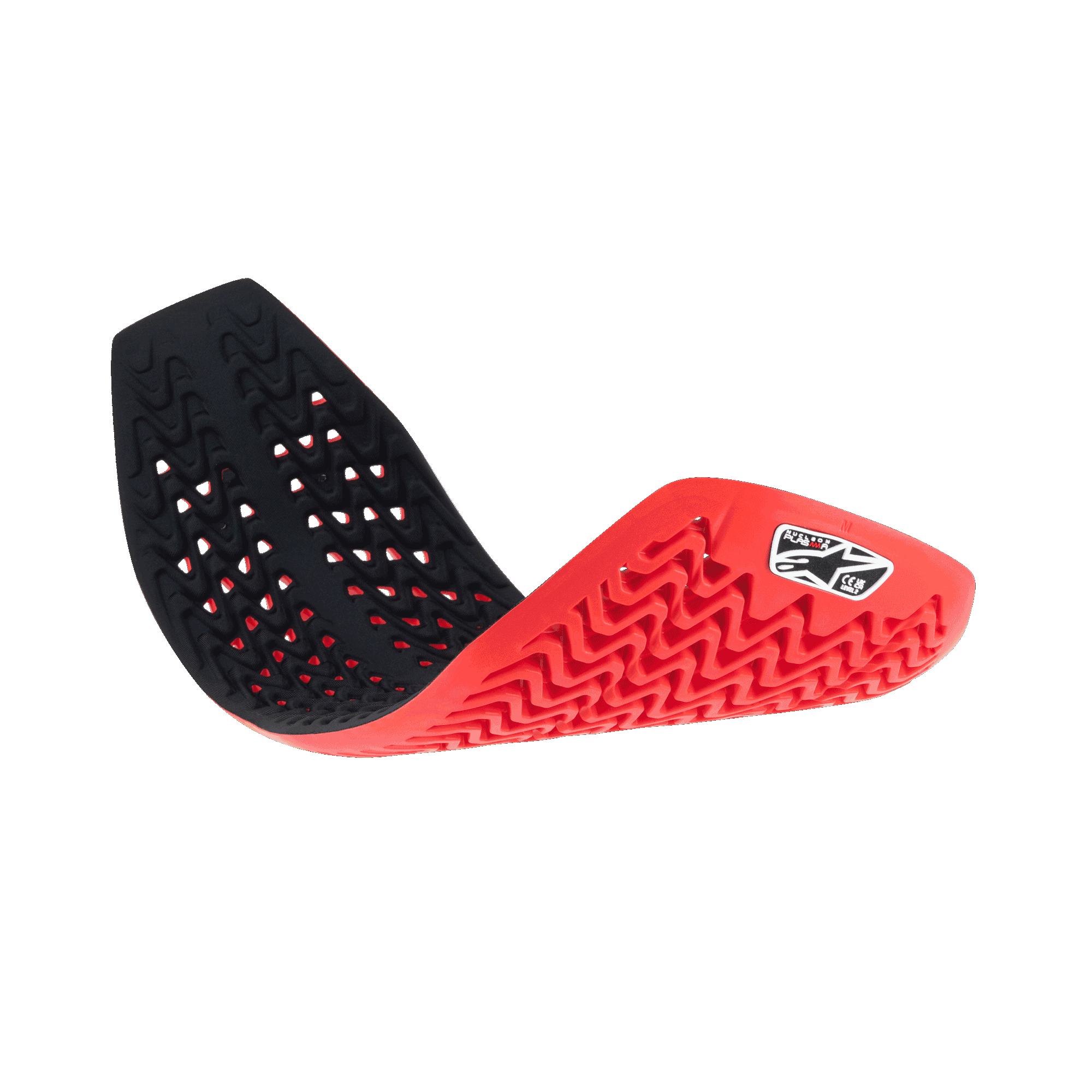 Alpinestars Nucleon Plasma Full Back Protector Insert, rosso e nero, paraschiena flessibile da moto mostrato curvo per dimostrarne la flessibilità, caratterizzato da una struttura a nido d'ape ventilata e motivi ondulati per l'assorbimento degli impatti e la traspirabilità