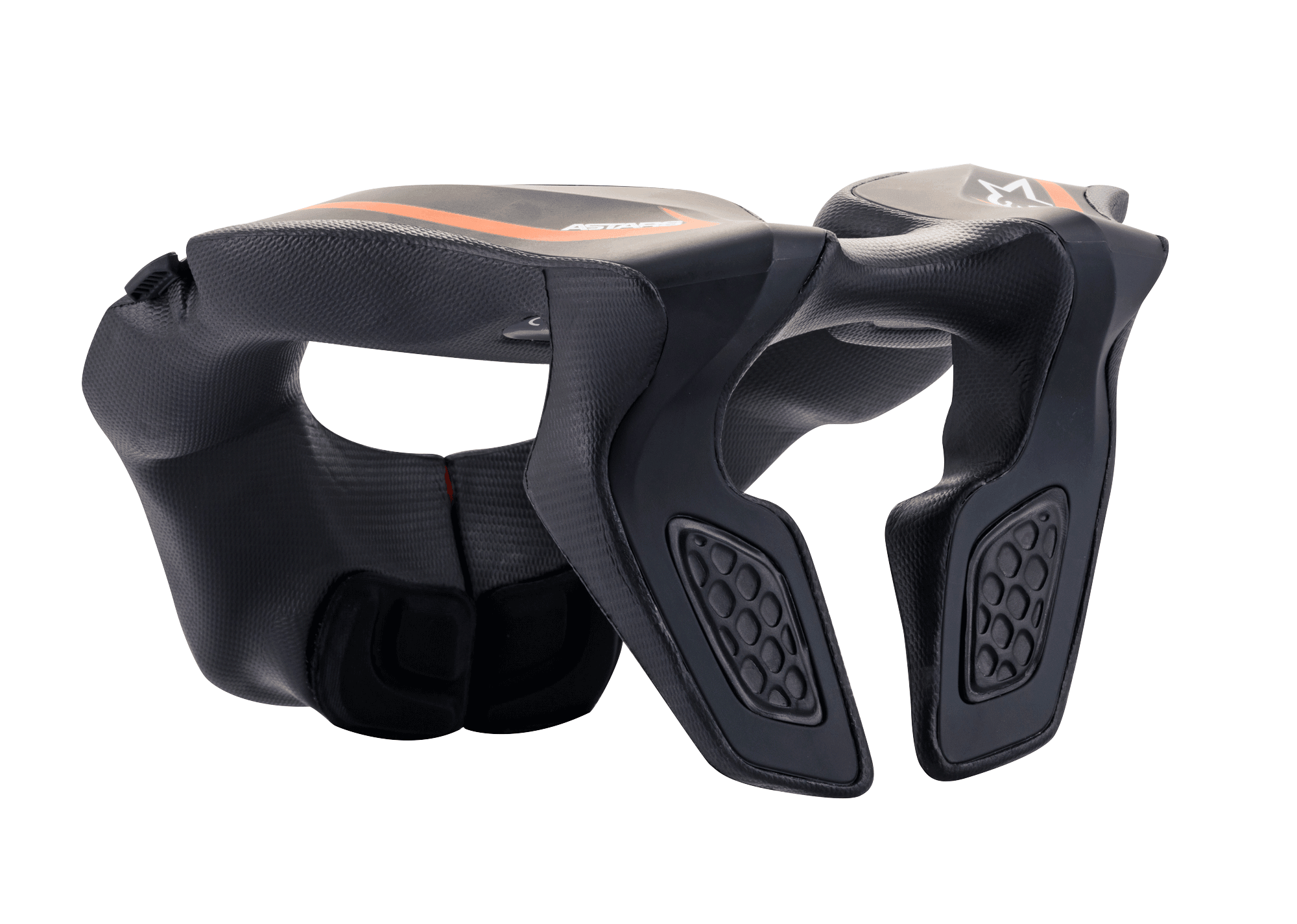 Alpinestars Youth Neck Support, protezione per il collo da motocross, nero con accenti arancioni e logo bianco, telaio in polimero iniettato con imbottitura in schiuma EVA, progettato per la sicurezza dei giovani piloti fuoristrada