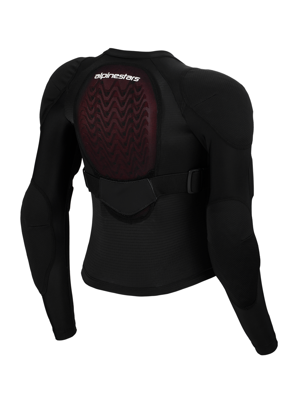 Giacca protettiva Alpinestars Bionic Plasma LT per ragazzi, vista posteriore, mesh nera con paraschiena Nucleon PLASMA rosso, protezioni integrate per spalle e gomiti, cinghia regolabile a metà schiena, attrezzatura protettiva per motocross giovanile