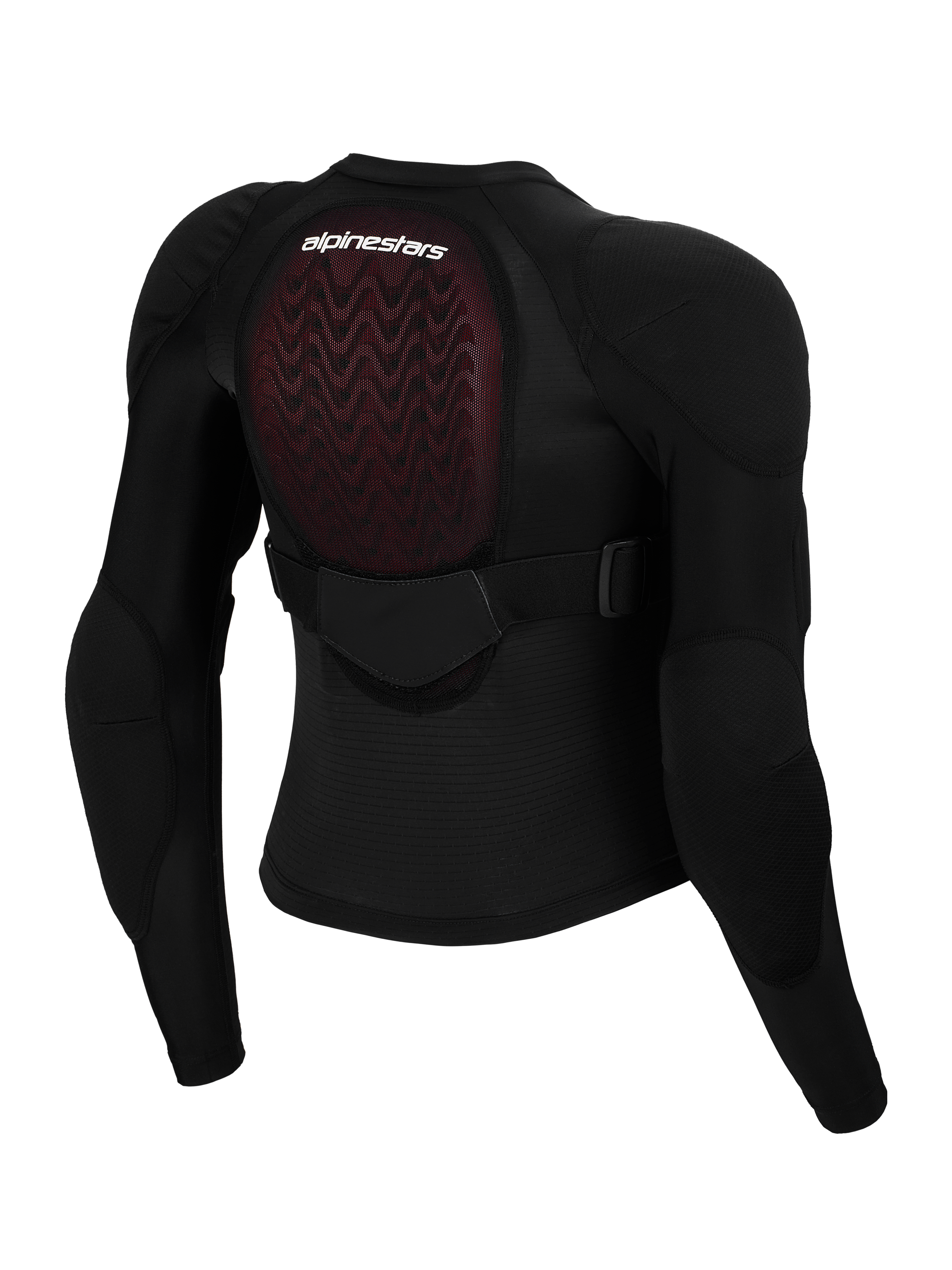 Giacca protettiva Alpinestars Bionic Plasma LT per ragazzi, vista posteriore, mesh nera con paraschiena Nucleon PLASMA rosso, protezioni integrate per spalle e gomiti, cinghia regolabile a metà schiena, attrezzatura protettiva per motocross giovanile