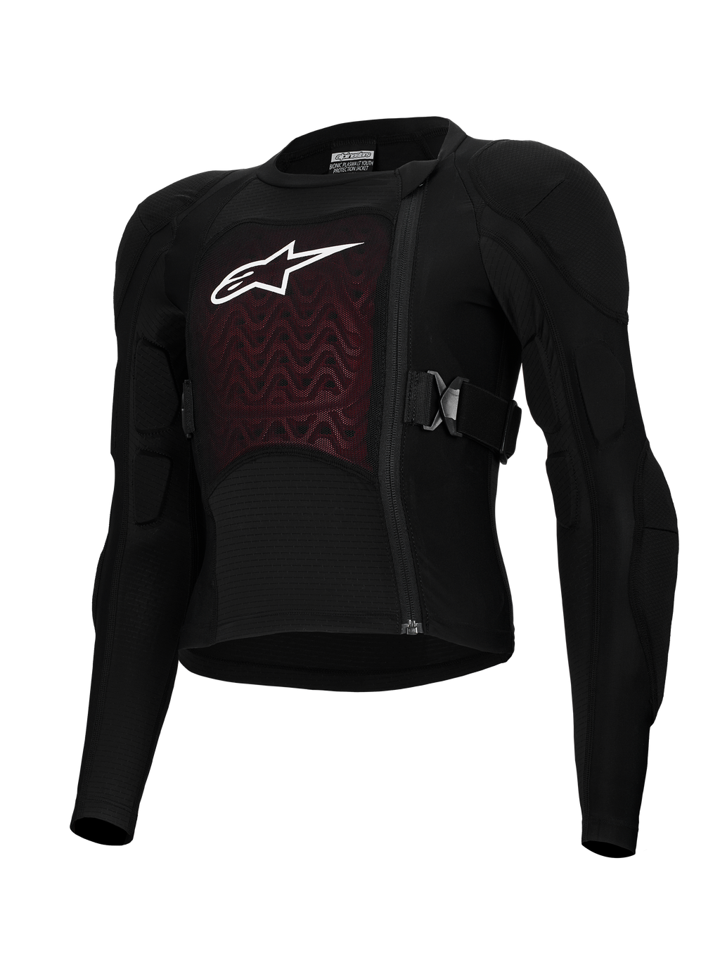Alpinestars Bionic Plasma LT Youth Protection Jacket, nero e rosso, abbigliamento protettivo da moto, con protezioni imbottite su spalle e gomiti, cerniera frontale sfalsata, cinghie laterali regolabili e pannello testurizzato sul petto con logo bianco