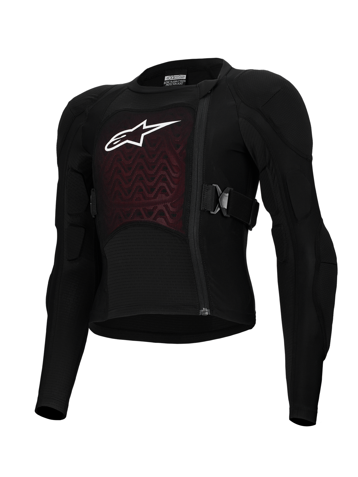 Alpinestars Bionic Plasma LT Youth Protection Jacket, nero e rosso, abbigliamento protettivo da moto, con protezioni imbottite su spalle e gomiti, cerniera frontale sfalsata, cinghie laterali regolabili e pannello testurizzato sul petto con logo bianco