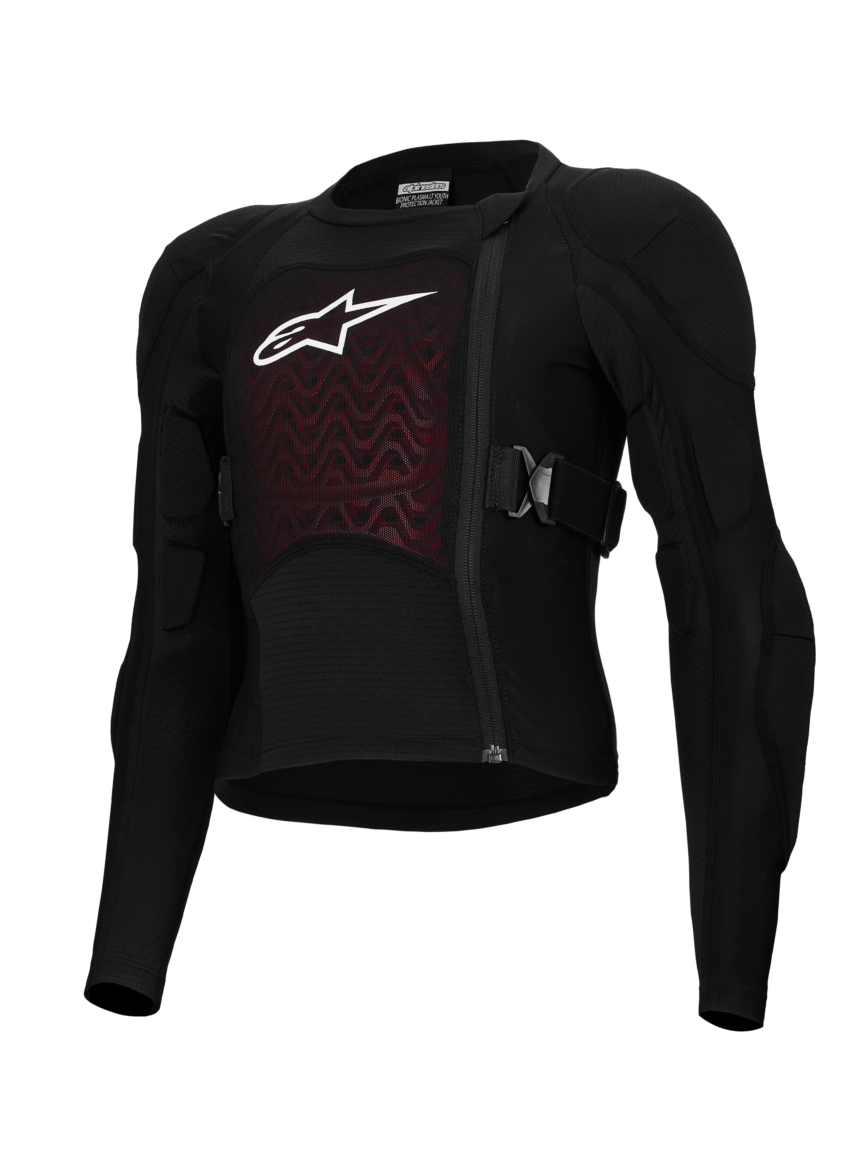 Alpinestars Bionic Plasma LT Youth Protection Jacket, nero e rosso, abbigliamento protettivo da moto, con protezioni imbottite su spalle e gomiti, cerniera frontale sfalsata, cinghie laterali regolabili e pannello testurizzato sul petto con logo bianco
