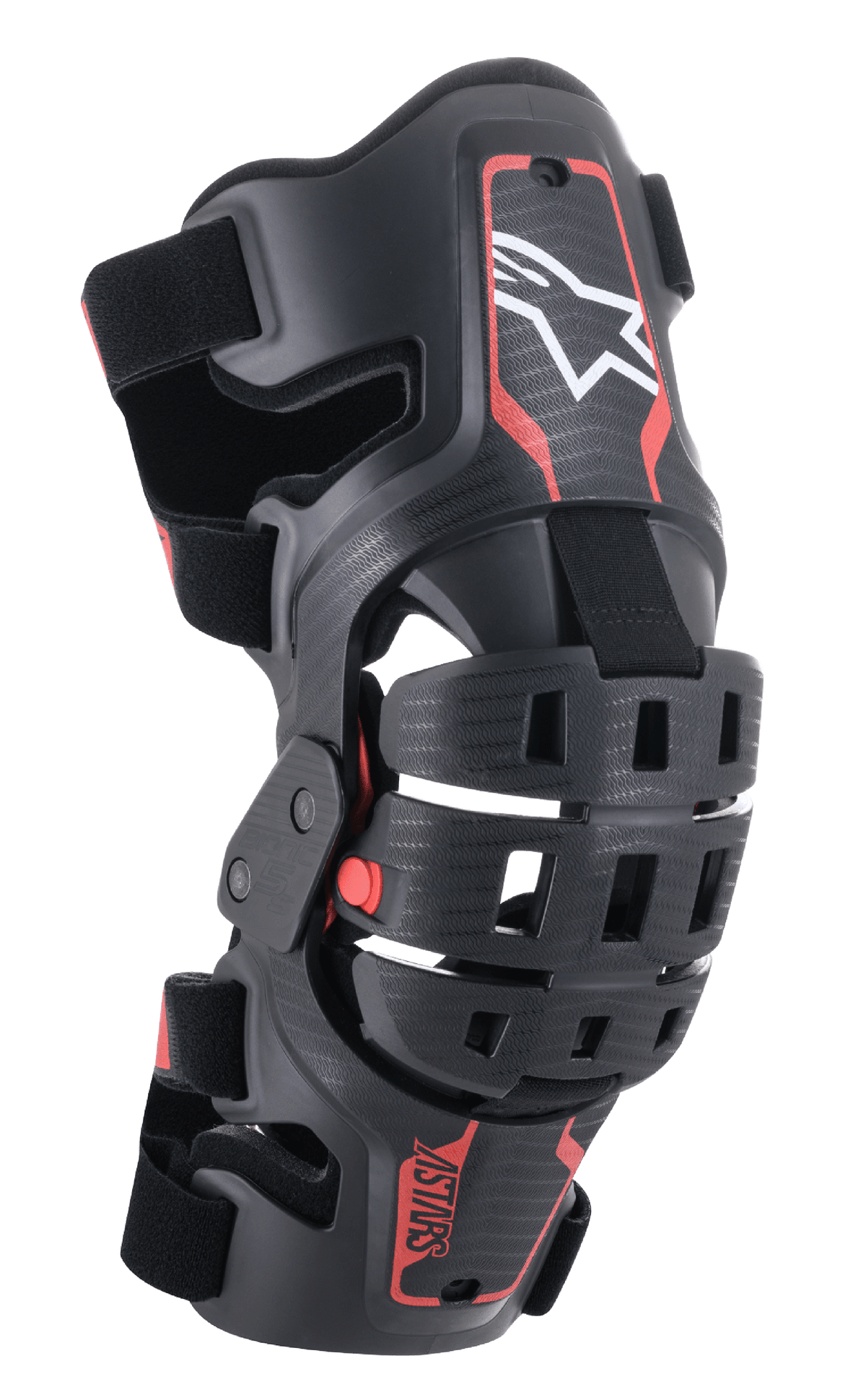 Alpinestars Youth Bionic 5S Knee Brace, protezione per ginocchio da motocross, nero e rosso, con logo a stella bianco, sistema di cerniera articolato a quattro punti, telaio in composito con cinghie regolabili, progettata per gare fuoristrada giovanili