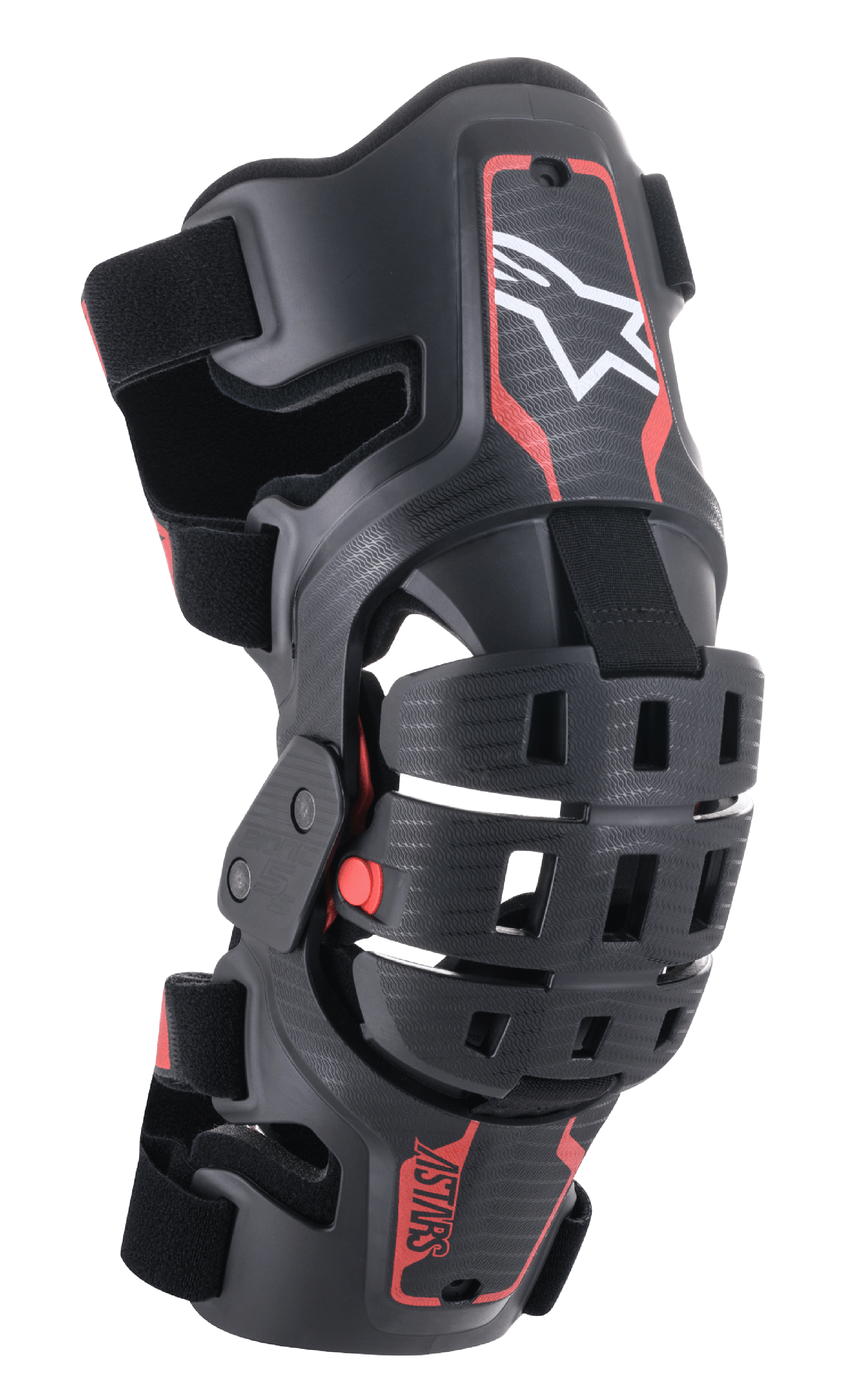 Alpinestars Youth Bionic 5S Knee Brace, protezione per ginocchio da motocross, nero e rosso, con logo a stella bianco, sistema di cerniera articolato a quattro punti, telaio in composito con cinghie regolabili, progettata per gare fuoristrada giovanili
