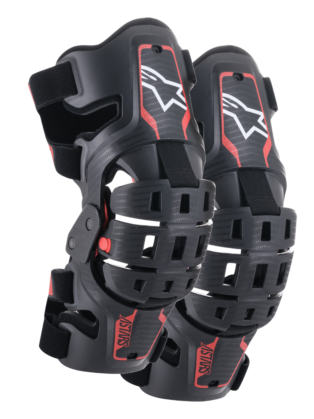 Ginocchiere Alpinestars Youth Bionic 5S, protezione ginocchio per motocross, nero e rosso, paio di protezioni caratterizzate da un design del telaio ibrido con scocche ventilate, logo Astar bianco sulla sezione superiore, marchio ASTARS rosso sulla sezione inferiore e cinturini neri regolabili per una vestibilità sicura.