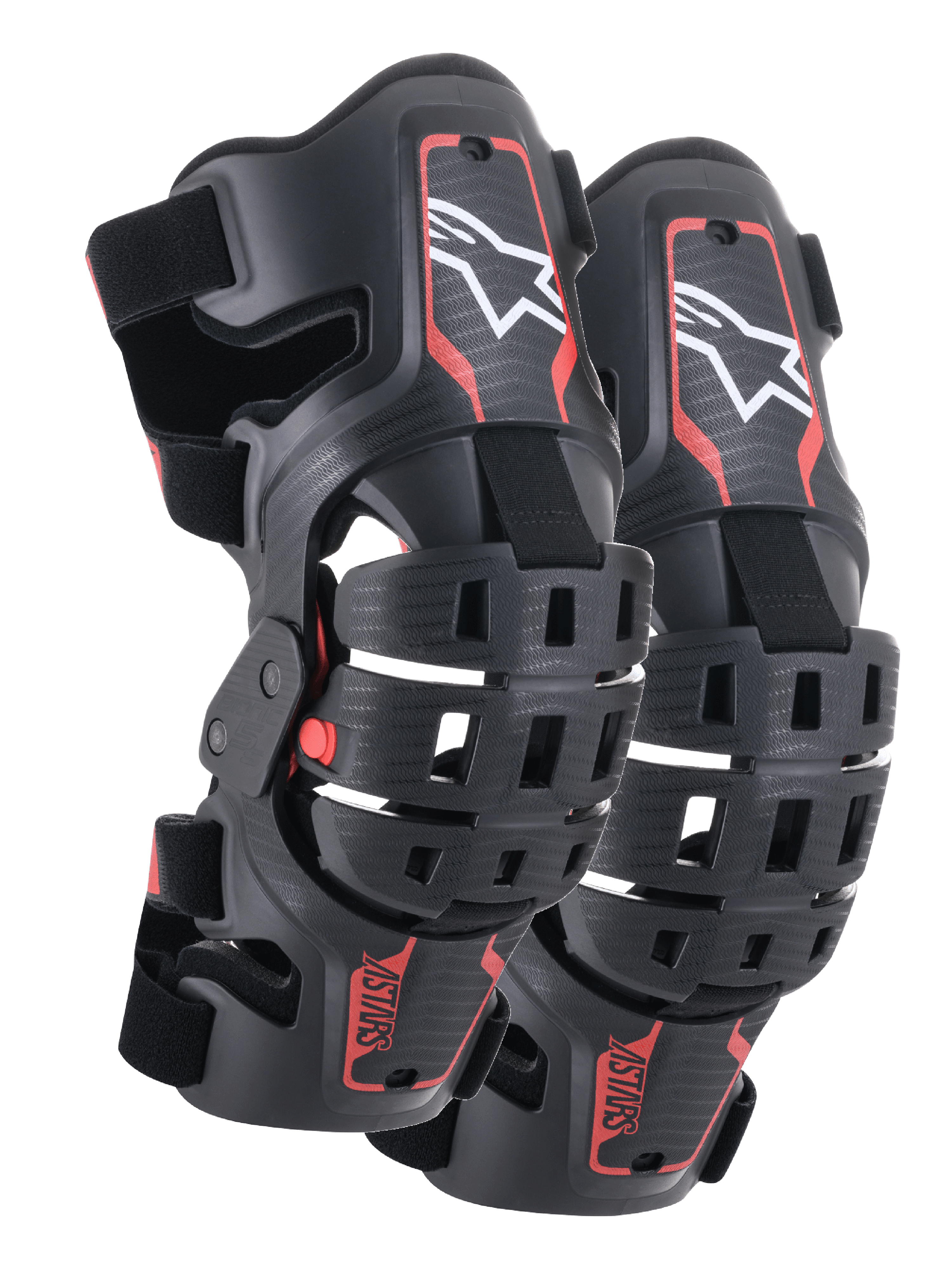 Ginocchiere Alpinestars Youth Bionic 5S, protezione ginocchio per motocross, nero e rosso, paio di protezioni caratterizzate da un design del telaio ibrido con scocche ventilate, logo Astar bianco sulla sezione superiore, marchio ASTARS rosso sulla sezione inferiore e cinturini neri regolabili per una vestibilità sicura.