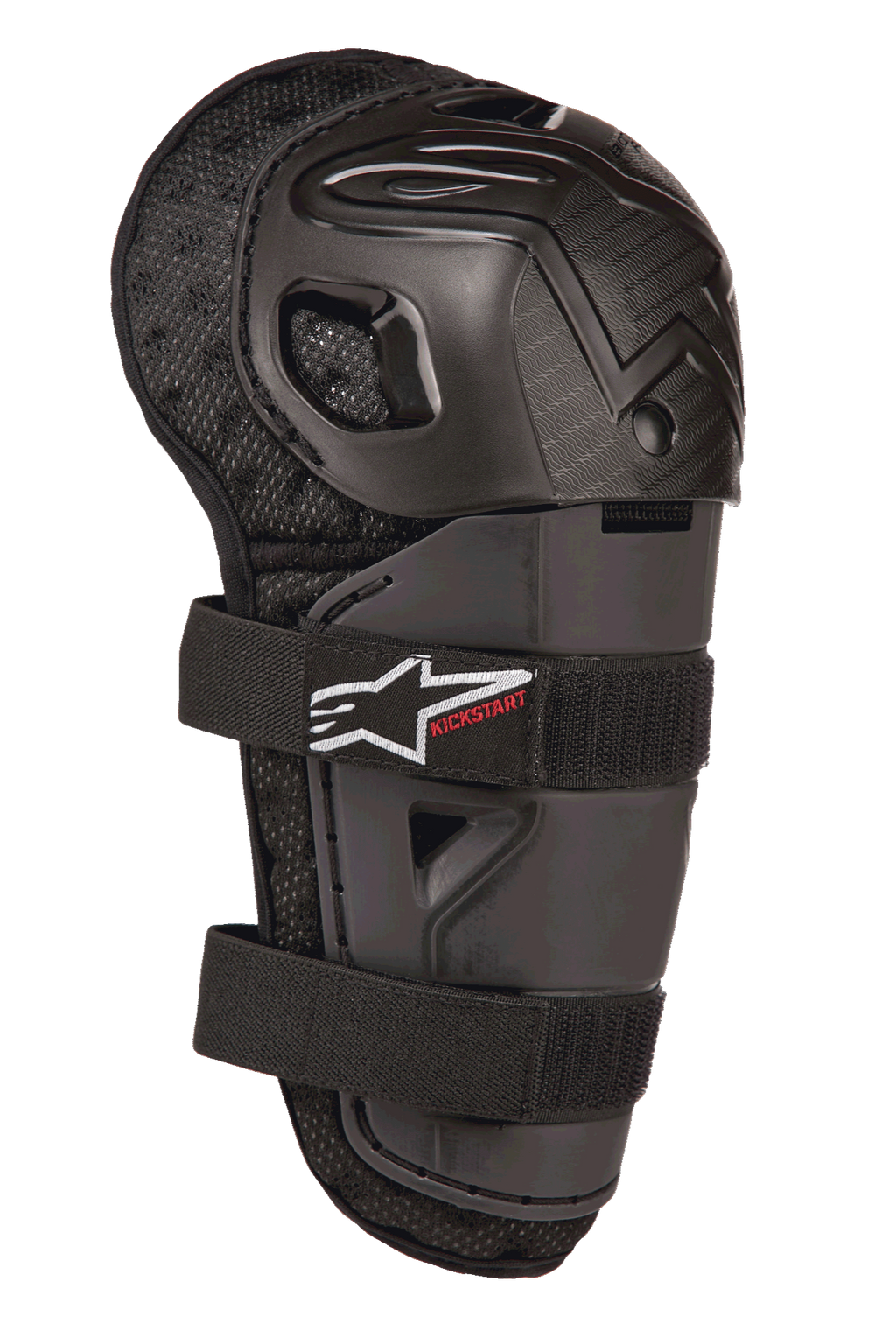 Alpinestars Bionic Action Kickstart Knee Guard, protezione ginocchio e stinco da motocross per ragazzi, nero, con guscio in plastica articolato, doppia chiusura elastica con logo bianco e marchio Kickstart rosso, supporto in rete imbottita per la protezione fuoristrada