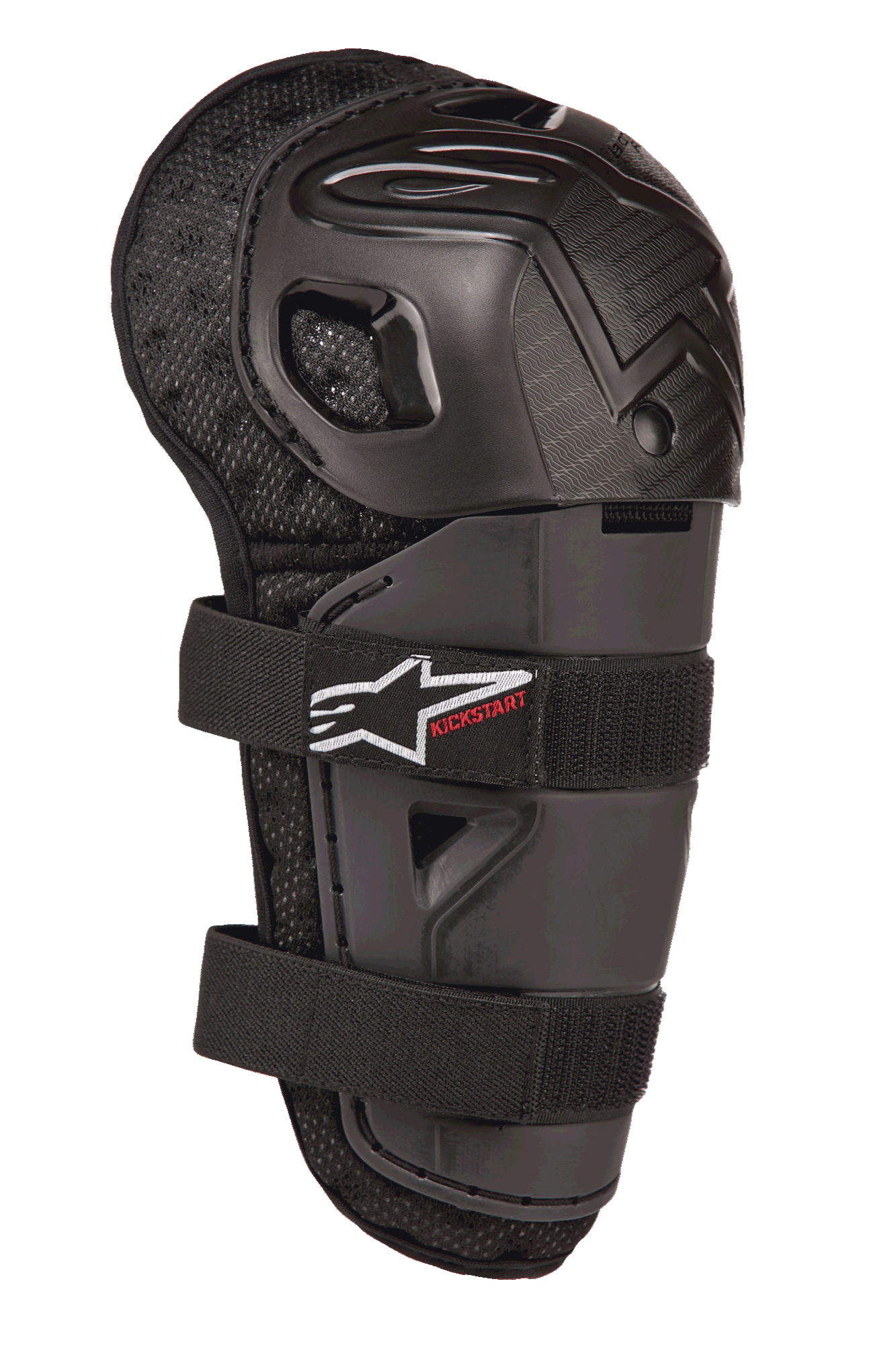 Alpinestars Bionic Action Kickstart Knee Guard, protezione ginocchio e stinco da motocross per ragazzi, nero, con guscio in plastica articolato, doppia chiusura elastica con logo bianco e marchio Kickstart rosso, supporto in rete imbottita per la protezione fuoristrada