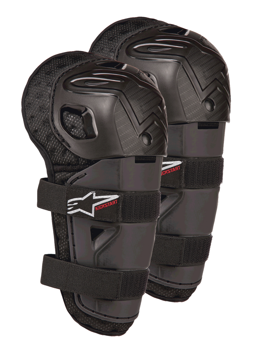 Alpinestars Bionic Action Kickstart Knee Guards, protezioni per ginocchio e stinco da motocross per ragazzi, nero con logo KICKSTART rosso, guscio in plastica articolato e doppie cinghie elasticizzate, attrezzatura protettiva per giovani piloti fuoristrada