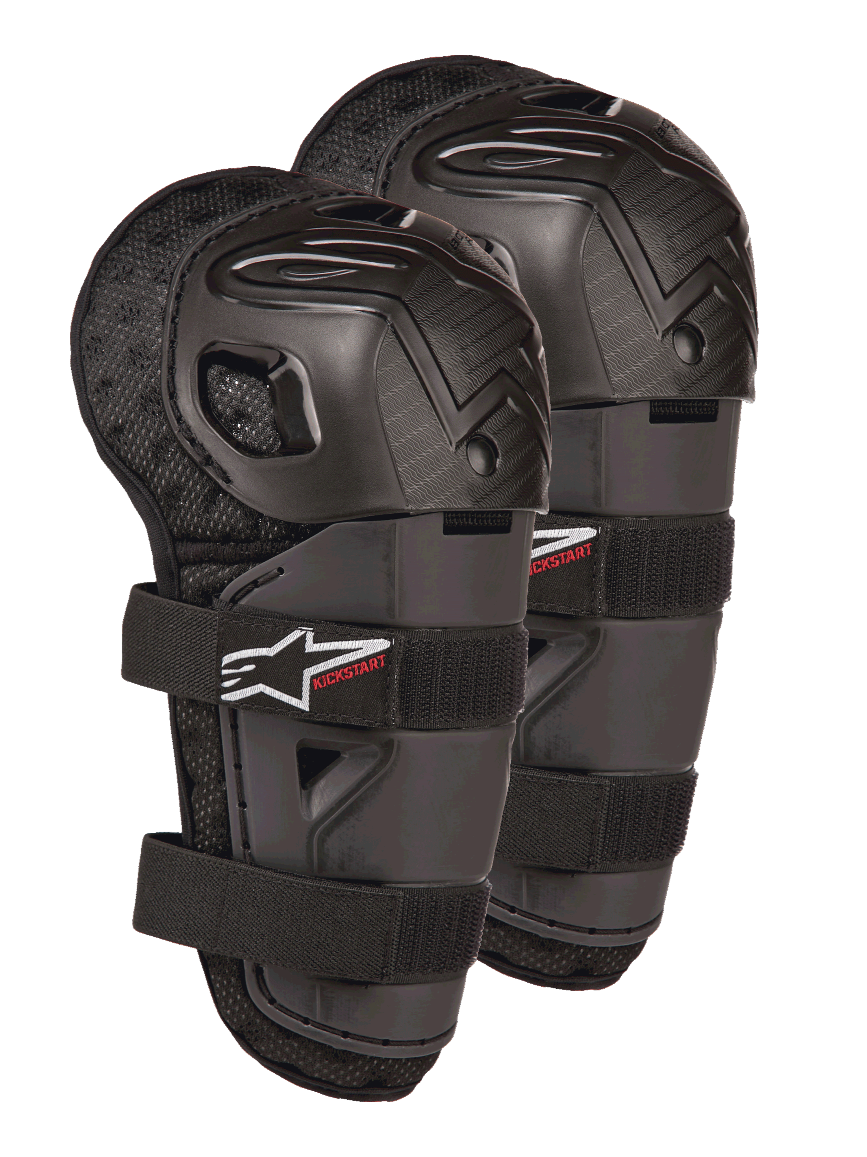 Alpinestars Bionic Action Kickstart Knee Guards, protezioni per ginocchio e stinco da motocross per ragazzi, nero con logo KICKSTART rosso, guscio in plastica articolato e doppie cinghie elasticizzate, attrezzatura protettiva per giovani piloti fuoristrada