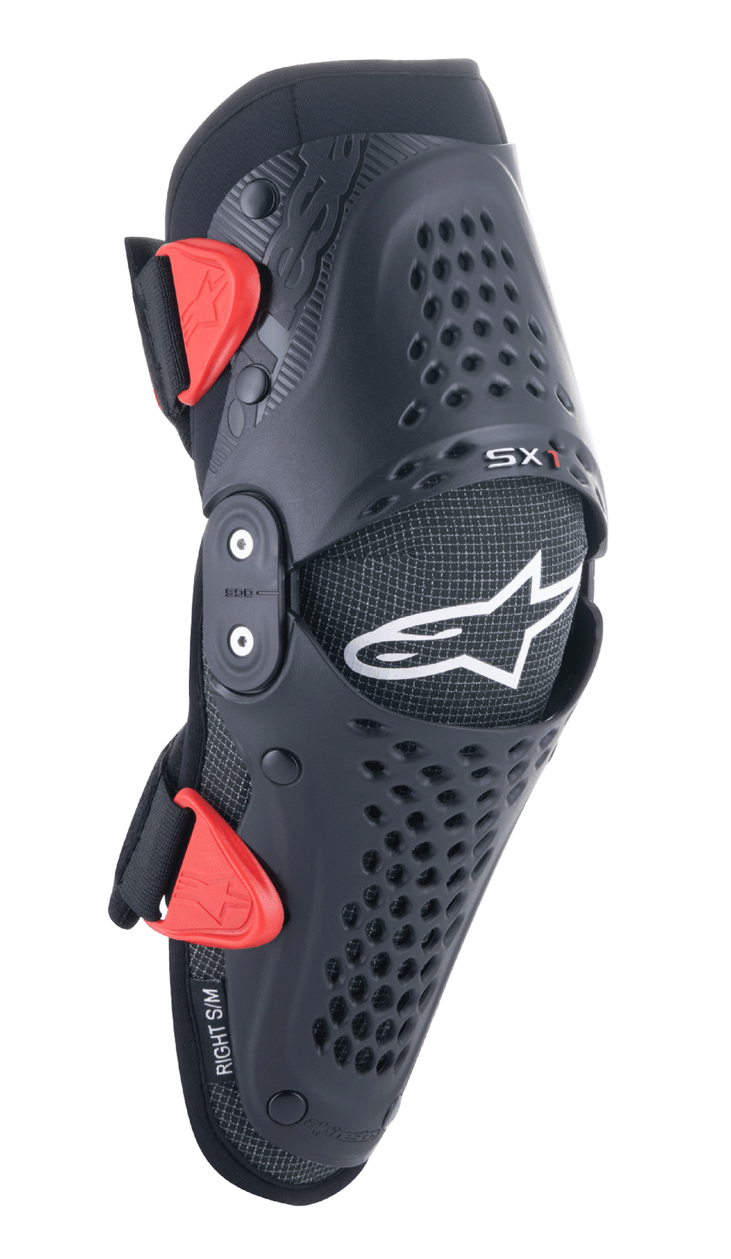 Alpinestars Youth SX-1 Knee Protectors, ginocchiere da motocross, nero e rosso, con fori di ventilazione traforati, sistema a doppio perno, cinghie regolabili con fibbie rosse, logo a stella bianco, protezione moto off-road per ragazzi