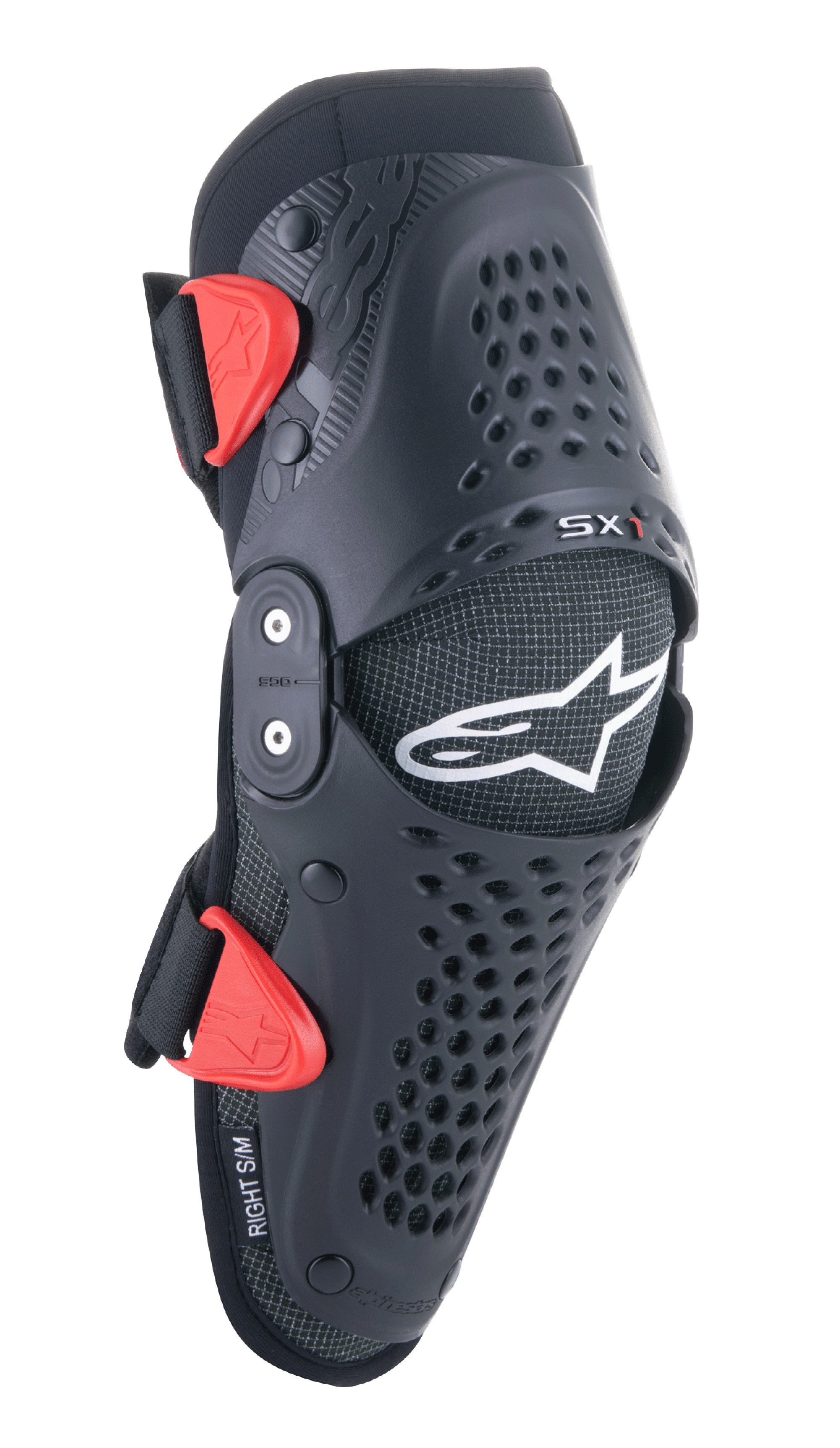 Alpinestars Youth SX-1 Knee Protectors, ginocchiere da motocross, nero e rosso, con fori di ventilazione traforati, sistema a doppio perno, cinghie regolabili con fibbie rosse, logo a stella bianco, protezione moto off-road per ragazzi