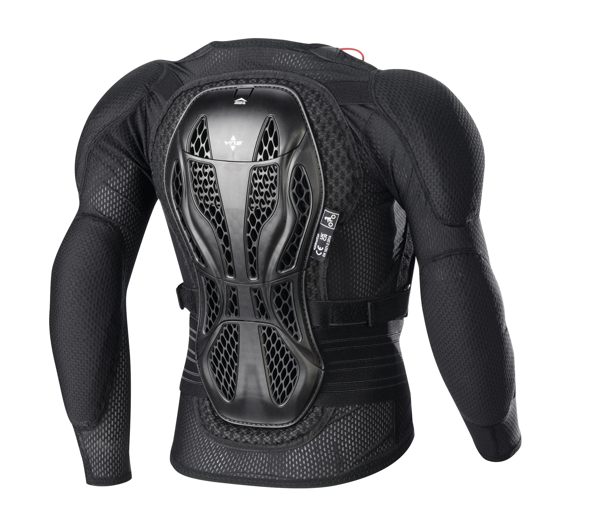 Alpinestars Youth Bionic Action V2 Protection Jacket, nero, vista posteriore, con paraschiena a tripla sezione con tecnologia Cell, tessuto in rete altamente ventilato, protezioni integrate per spalle e gomiti, equipaggiamento protettivo per fuoristrada per ragazzi