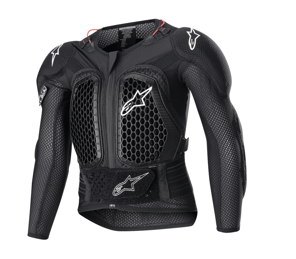 Alpinestars Youth Bionic Action V2 Protection Jacket, giacca protettiva da motocross per ragazzi, nera con loghi bianchi e dettagli rossi, pattern di ventilazione a nido d'ape su petto e spalle, fascia regolabile in vita, protezione dagli impatti per giovani piloti
