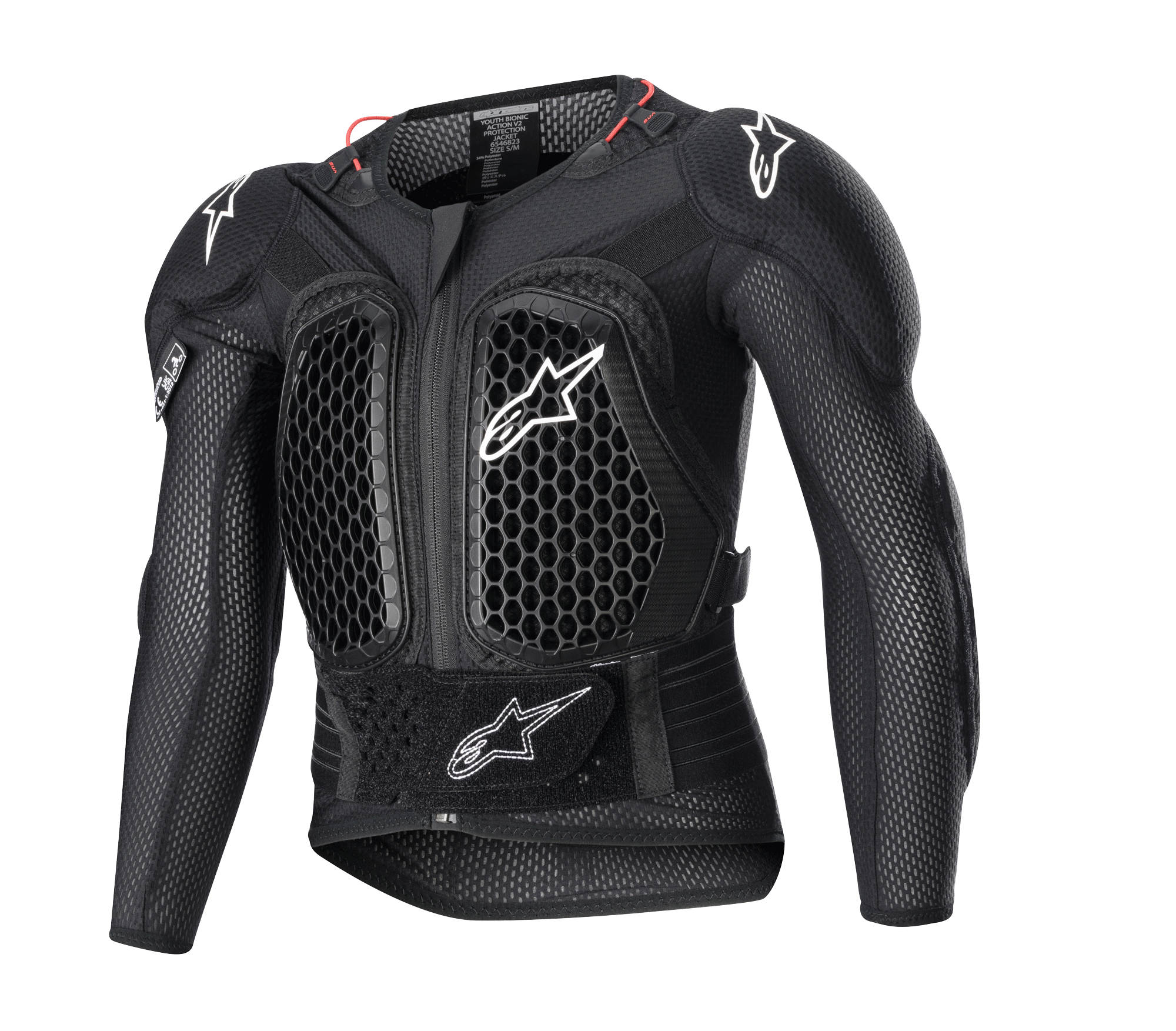Alpinestars Youth Bionic Action V2 Protection Jacket, giacca protettiva da motocross per ragazzi, nera con loghi bianchi e dettagli rossi, pattern di ventilazione a nido d'ape su petto e spalle, fascia regolabile in vita, protezione dagli impatti per giovani piloti