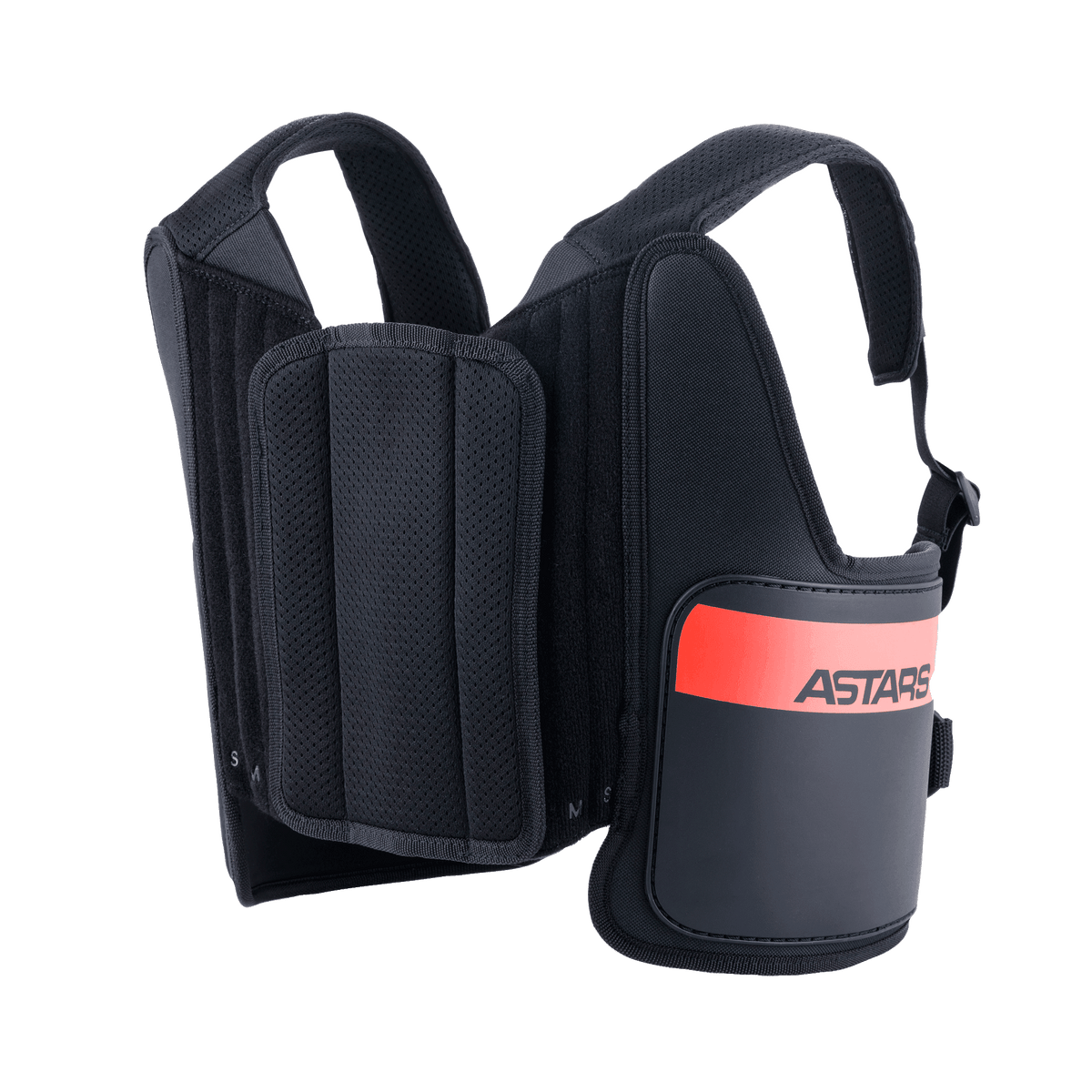 Alpinestars Youth Bionic Rib Support, protezione costole per karting, nero con accenti rossi, dotato di spallacci regolabili in rete, pannello centrale imbottito e gusci laterali rigidi con logo ASTARS, equipaggiamento protettivo leggero ed ergonomico per giovani piloti.