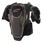 Alpinestars A-6 Chest Protector, protezione per il torace da motocross, nero antracite e rosso, con piastre a tecnologia cellulare perforata, logo Alpinestars rosso sul petto, cinghie regolabili e protezioni spalle rimovibili, equipaggiamento protettivo da fuoristrada