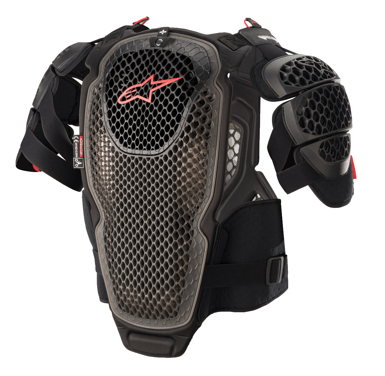 Alpinestars A-6 Chest Protector, protezione per il torace da motocross, nero antracite e rosso, con piastre a tecnologia cellulare perforata, logo Alpinestars rosso sul petto, cinghie regolabili e protezioni spalle rimovibili, equipaggiamento protettivo da fuoristrada