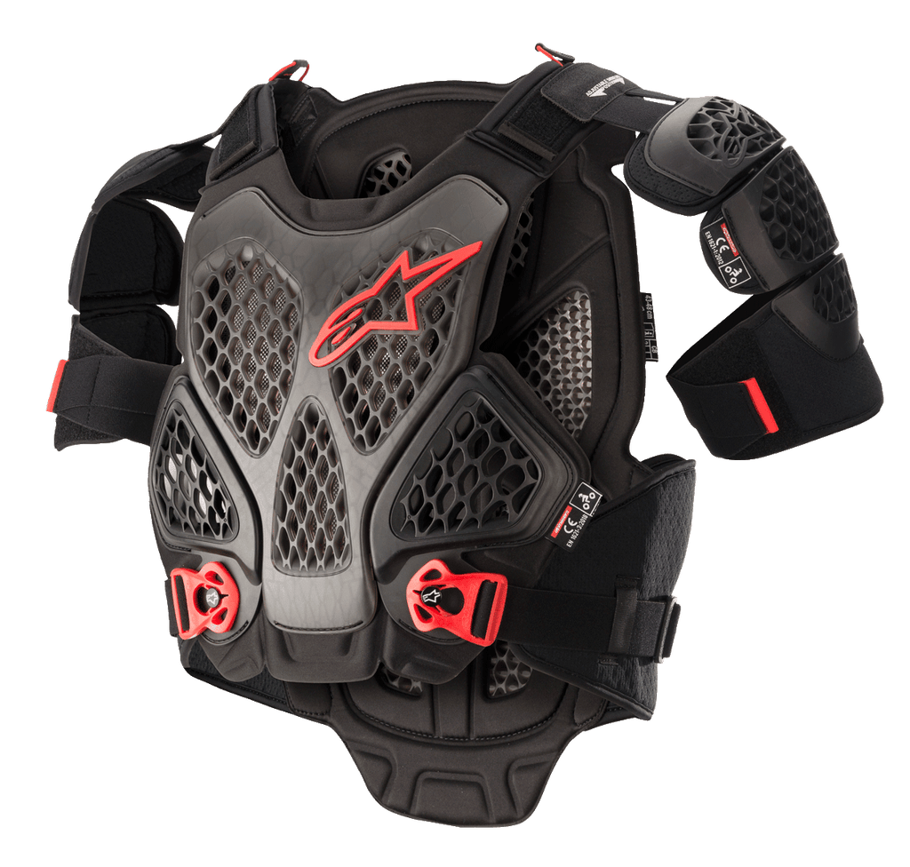 Alpinestars A-6 Chest Protector, protezione torace da motocross, Nero Antracite e Rosso, con piastre dotate di tecnologia Cell a nido d'ape, logo Alpinestars rosso, fibbie regolabili a sgancio rapido rosse e protezioni per le spalle rimovibili