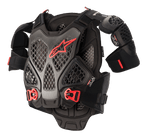 Alpinestars A-6 Chest Protector, protezione torace da motocross, Nero Antracite e Rosso, con piastre dotate di tecnologia Cell a nido d'ape, logo Alpinestars rosso, fibbie regolabili a sgancio rapido rosse e protezioni per le spalle rimovibili