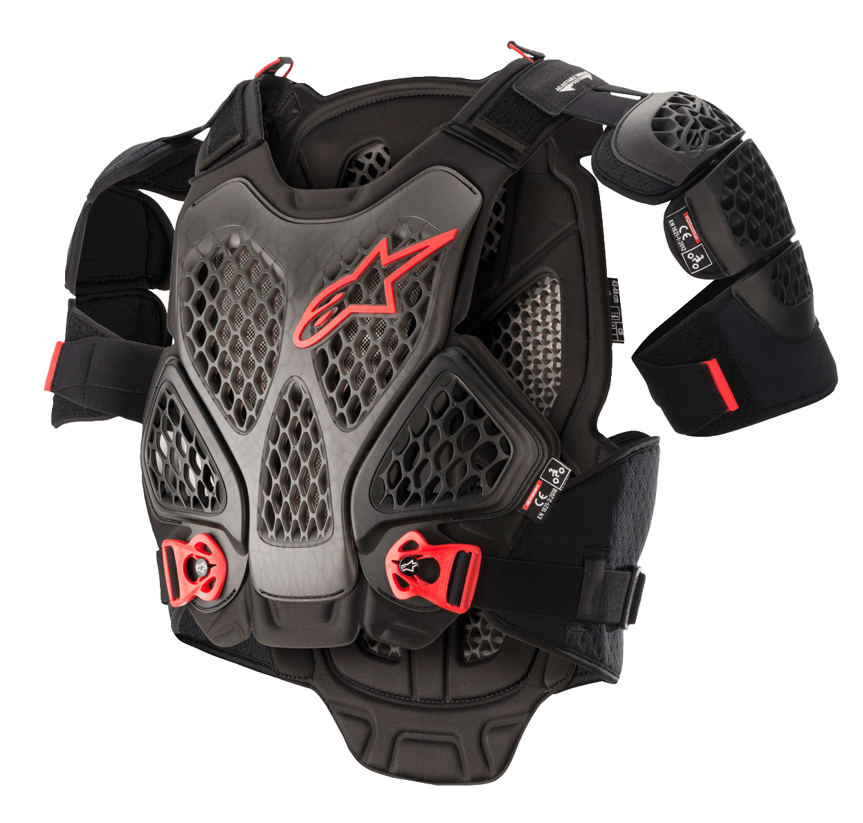 Alpinestars A-6 Chest Protector, protezione torace da motocross, Nero Antracite e Rosso, con piastre dotate di tecnologia Cell a nido d'ape, logo Alpinestars rosso, fibbie regolabili a sgancio rapido rosse e protezioni per le spalle rimovibili