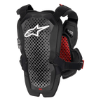Alpinestars A-1 Pro Chest Protector, antracite nero e rosso, vista posteriore che mostra il pannello di protezione dorsale, tecnologia poliedrica traforata per la ventilazione, logo Astars bianco, imbottitura interna a nido d'ape rossa, attrezzatura protettiva per moto fuoristrada