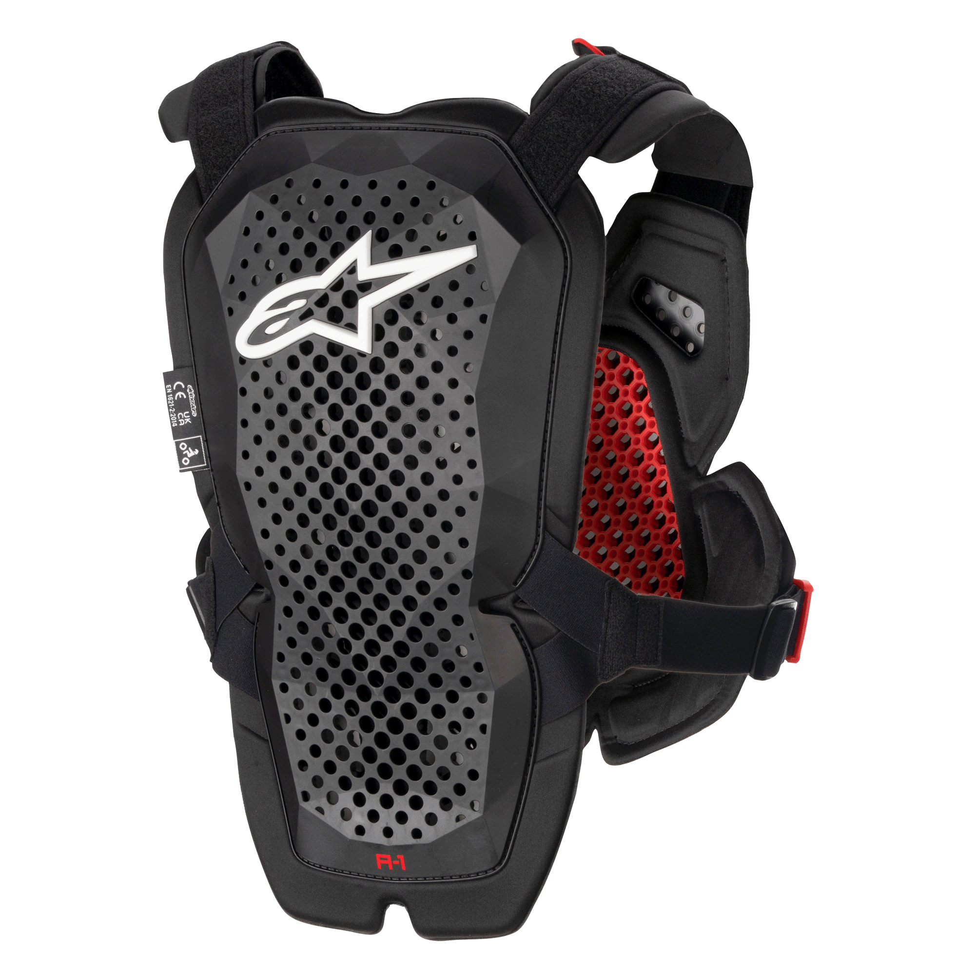 Alpinestars A-1 Pro Chest Protector, antracite nero e rosso, vista posteriore che mostra il pannello di protezione dorsale, tecnologia poliedrica traforata per la ventilazione, logo Astars bianco, imbottitura interna a nido d'ape rossa, attrezzatura protettiva per moto fuoristrada